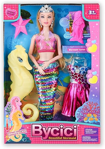 Muñecas de sirena para niñas de 4 a 7 años, juguetes de sirena de pelo rubio y ropa de muñeca para niña, juego de regalo de caballito de mar que