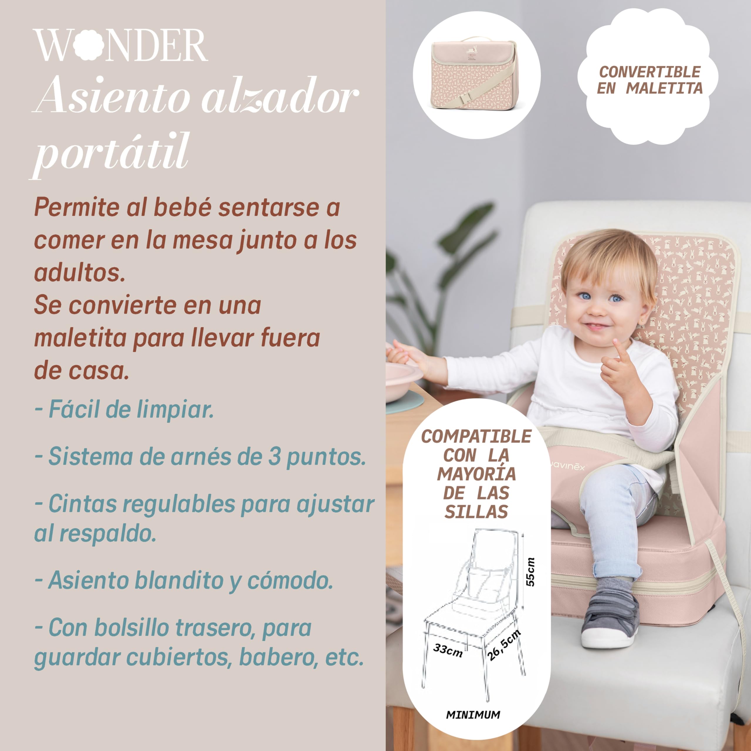Suavinex, Trona Portátil para Bebés +6 Meses, Alzador de Silla para Comer, Asiento Elevador Universal Convertible en Bolso, Fácil de Limpiar, Ligero, con Arnés, Cómodo, Blandito y con Respaldo, Rosa