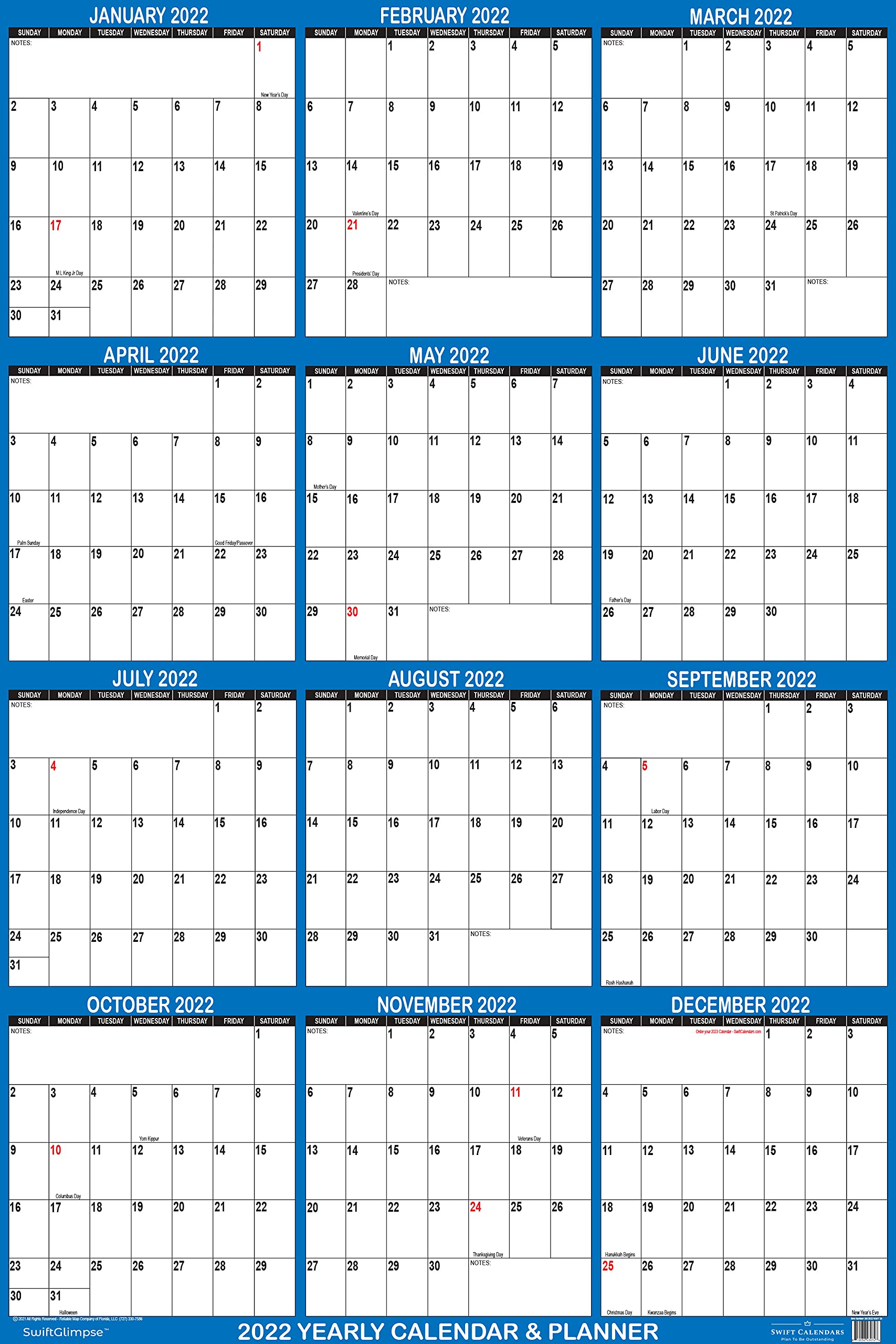 32 X 48 SwiftGlimpse 2022 Wall Calendar Erasable Jumbo XL Wet Dry 