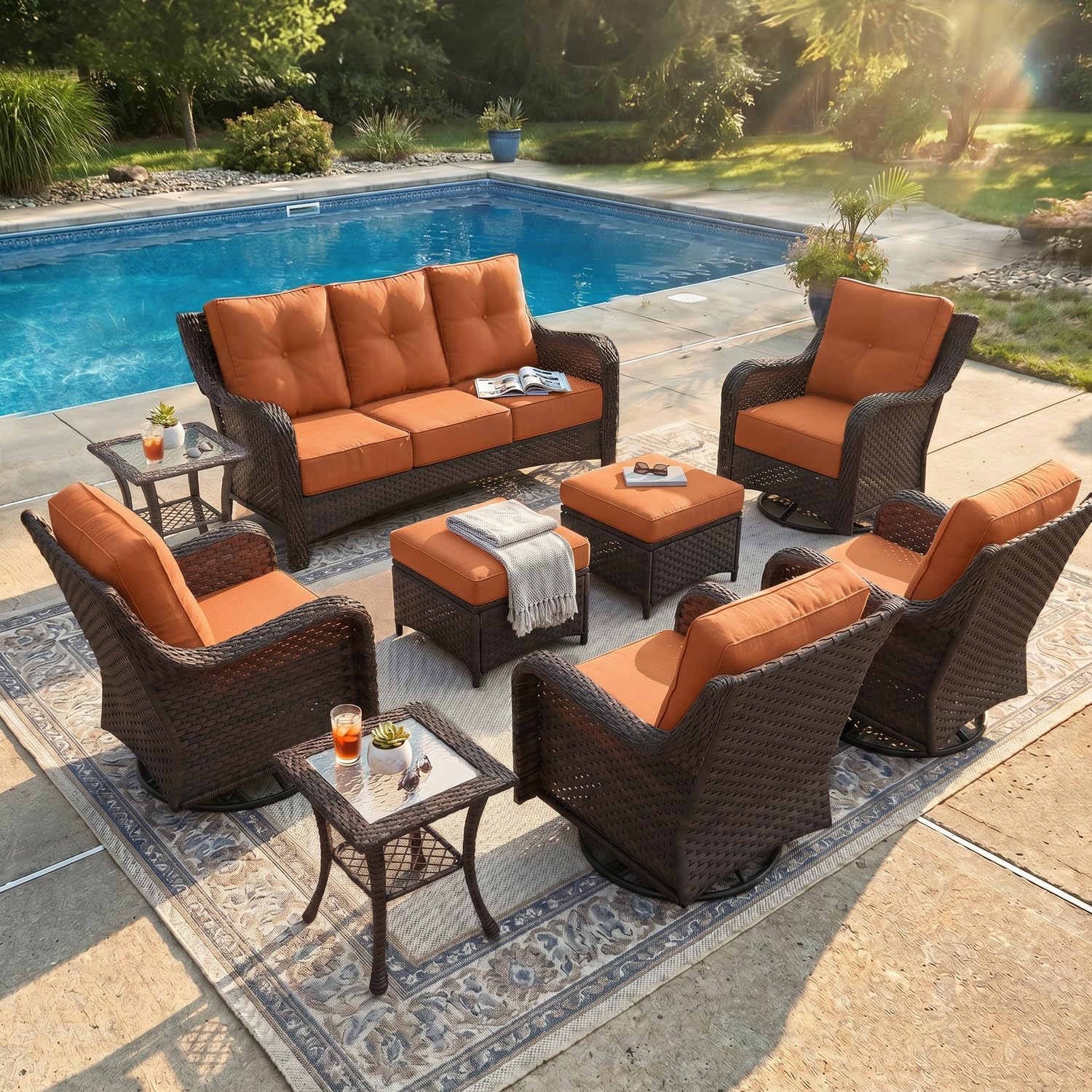 LayinSun 9 Piece Wicker Outdoor Furniture Set with 6-inch Comfy Cushions