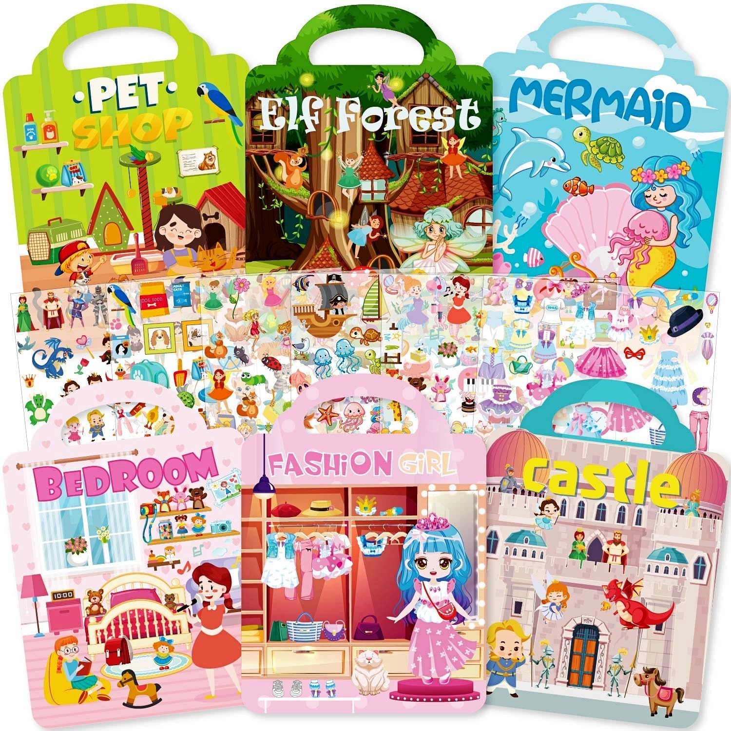 Aannanl Dress Up Reusable Sticker Books for Toddlers Ages 2-4 4-8,3D Puffy Stickers Activity Book Set-Princess Mermaid Fairies Castle Pet and Fashion