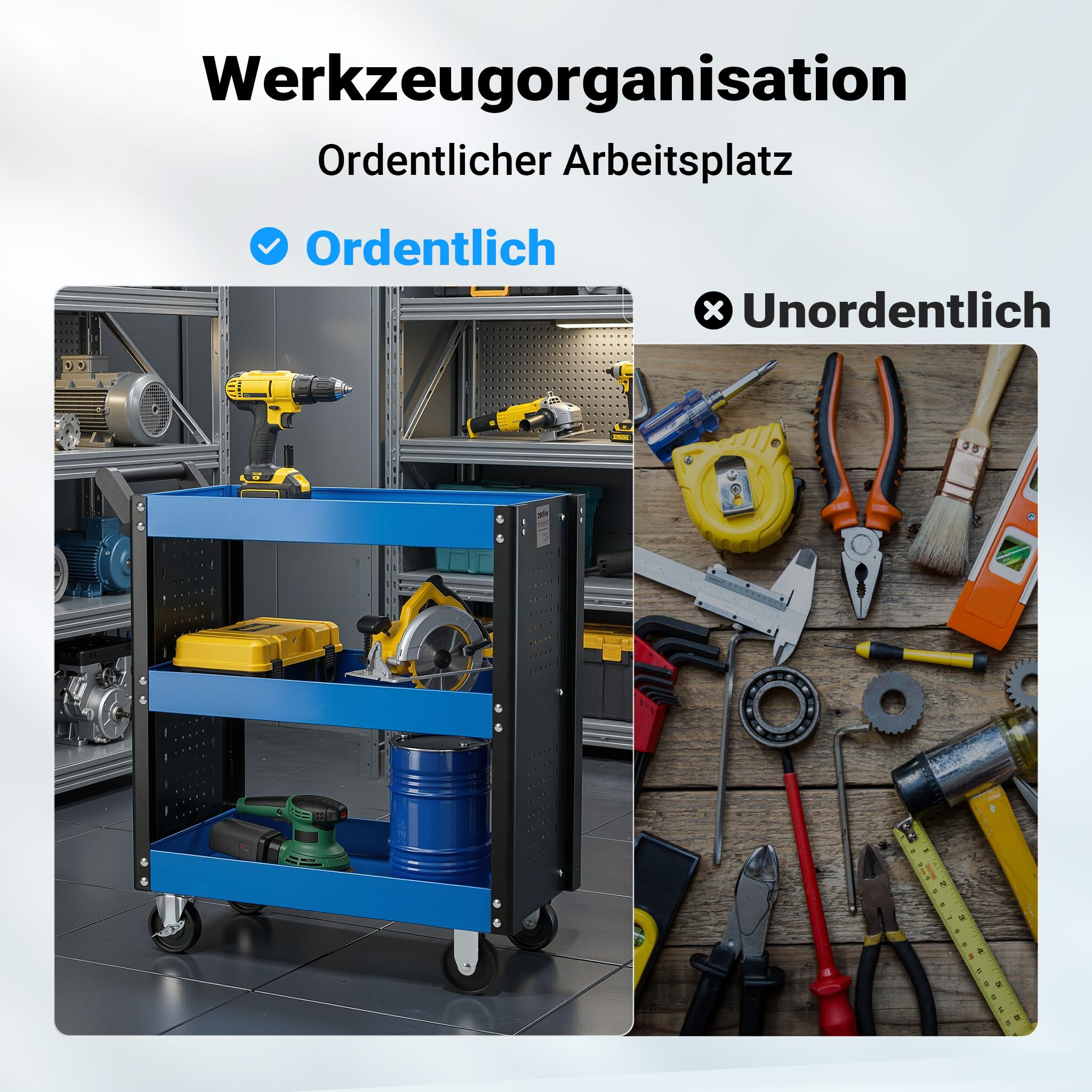 Wiltec Werkstattwagen mit 3 Etagen, 150 kg, 83x38x90 cm, Handgriff, Kunststoffreifen, Bremsen, Ablageflächen mit erhöhtem Rand, Werkzeugwagen, Rollwagen
