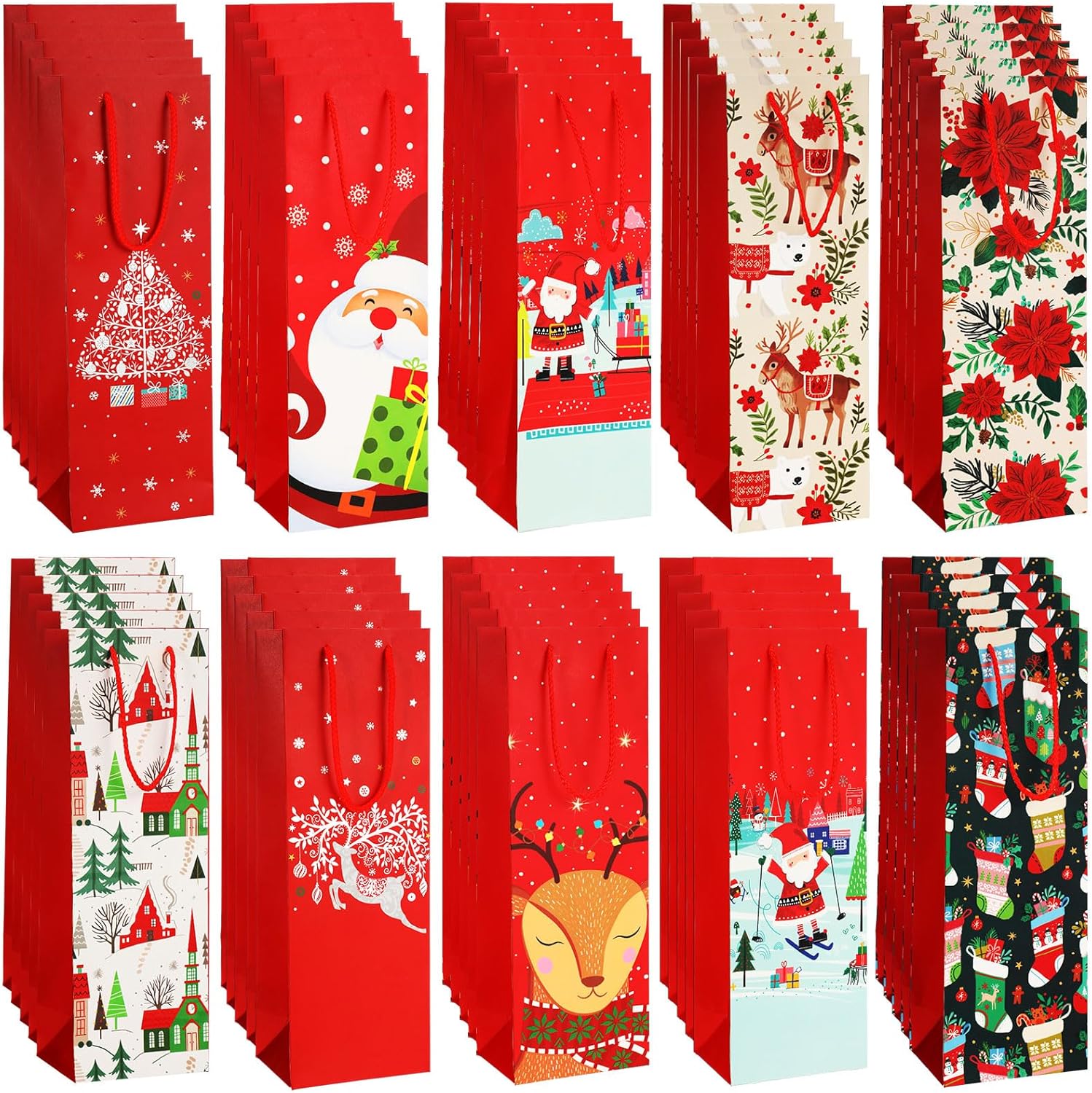 Cholemy 50 Pcs Christmas Wine Bottle Gift Bags Bulk Christmas Wine Champagne Bags with Handles for Bottles Gift Wrapping Holiday Party Favors (Stylish)