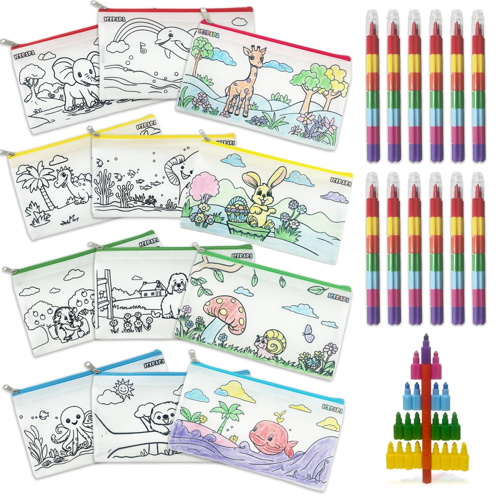 ICEPAPA, 12 Federmäppchen zum Bemalen für Kinder und 12 Wachsmalstifte Stapelbar (7 Farben in 1), Perfekt für Kleine Geschenke für Kinder, Gastgeschenk Kindergeburtstag, Gastgeschenke Hochzeit