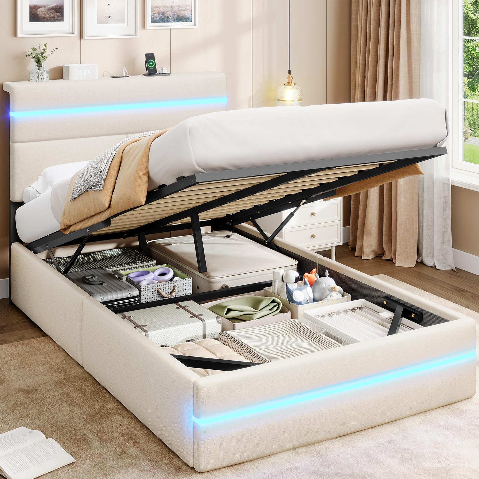 AOGLLATI 3ft Single Ottoman Bed with Storage Underneath 90x190 cm, Beige — image 1
