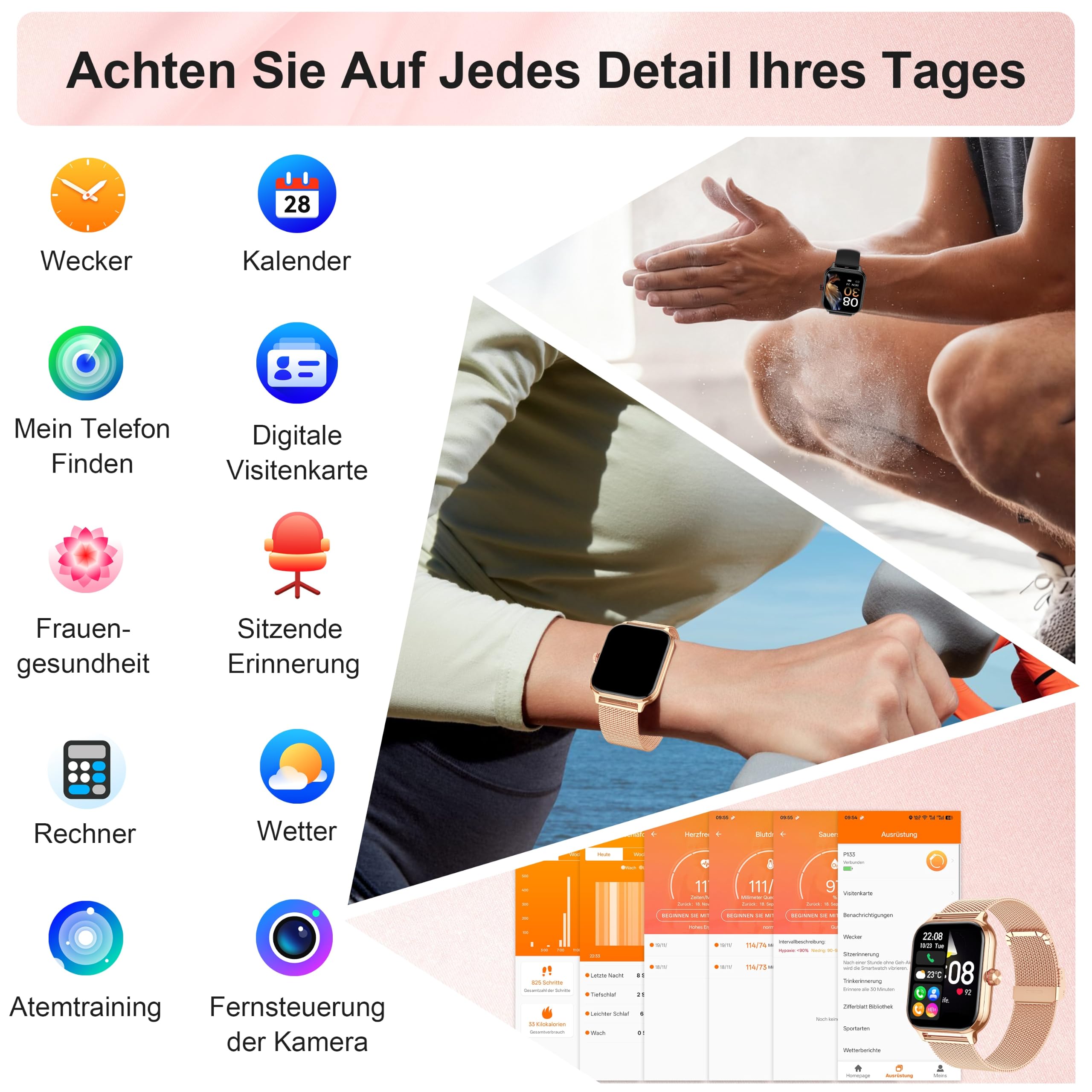 Blutdruck Smartwatch Damen Telefonfunktion für Apple Samsung Huawei Xiaomi
