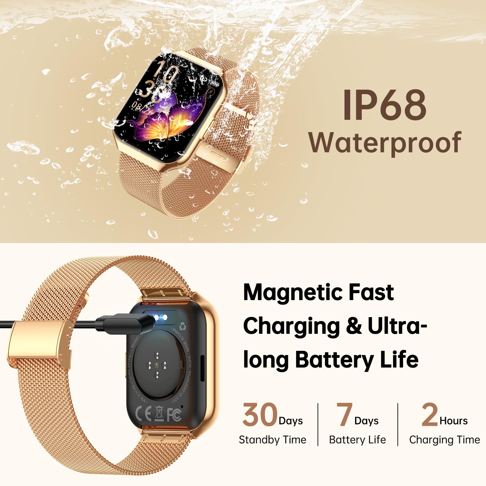 Smartwatch Donna, 1,91" HD Orologio Smartwatch Donna con Chiamate Bluetooth, 120+ Modalità Sport, Monitoraggio Salute 24/7, Impermeabile IP68, Fitness Tracker Compatibile con Android e iOS, Oro