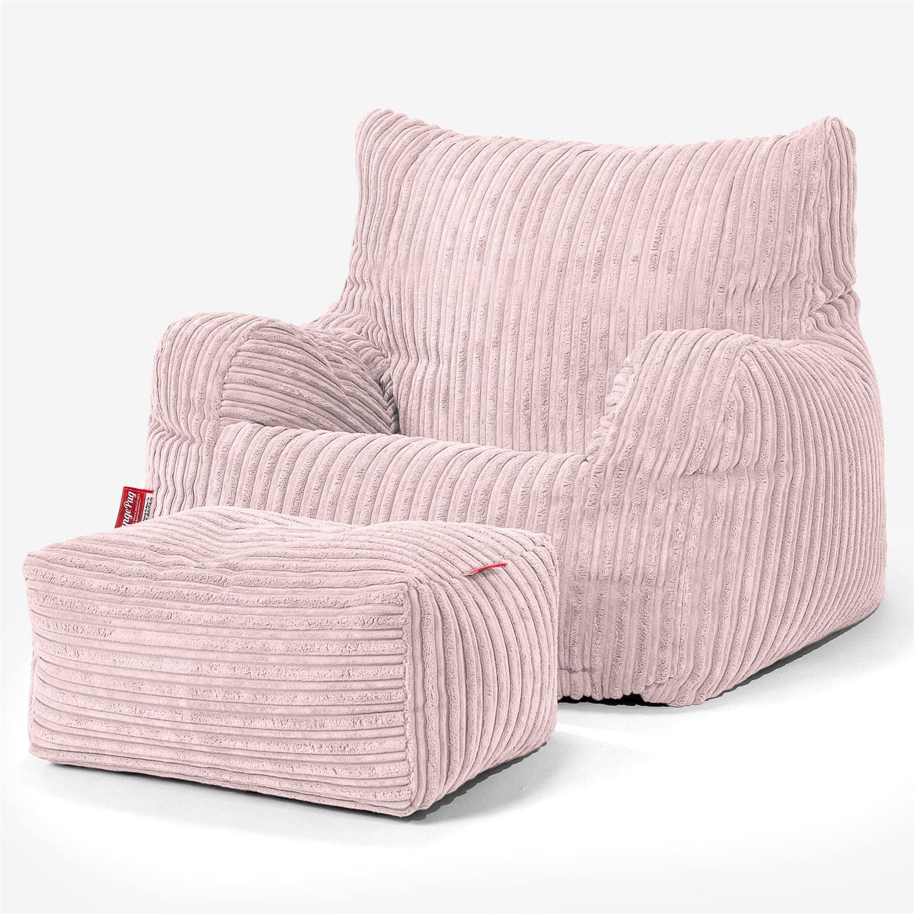 Lounge Pug Cord Fabric Armchair Bean Bag and Footstool Set for Living Room Lounge - Adult Beanbag Chair - Corduory Blush Pink