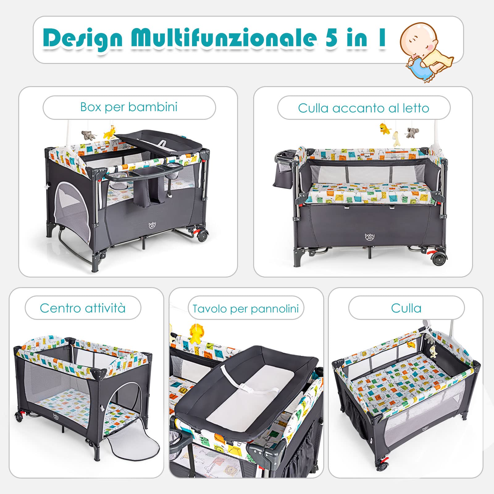 COSTWAY 5 in 1 Lettino da Campeggio per Bambini, Lettino con Materasso per Neonato, Culla da Viaggio con Fasciatoio, Altezza Regolabile, Ruote con Freno, per Bambini 0-36 Mesi (Grigio)