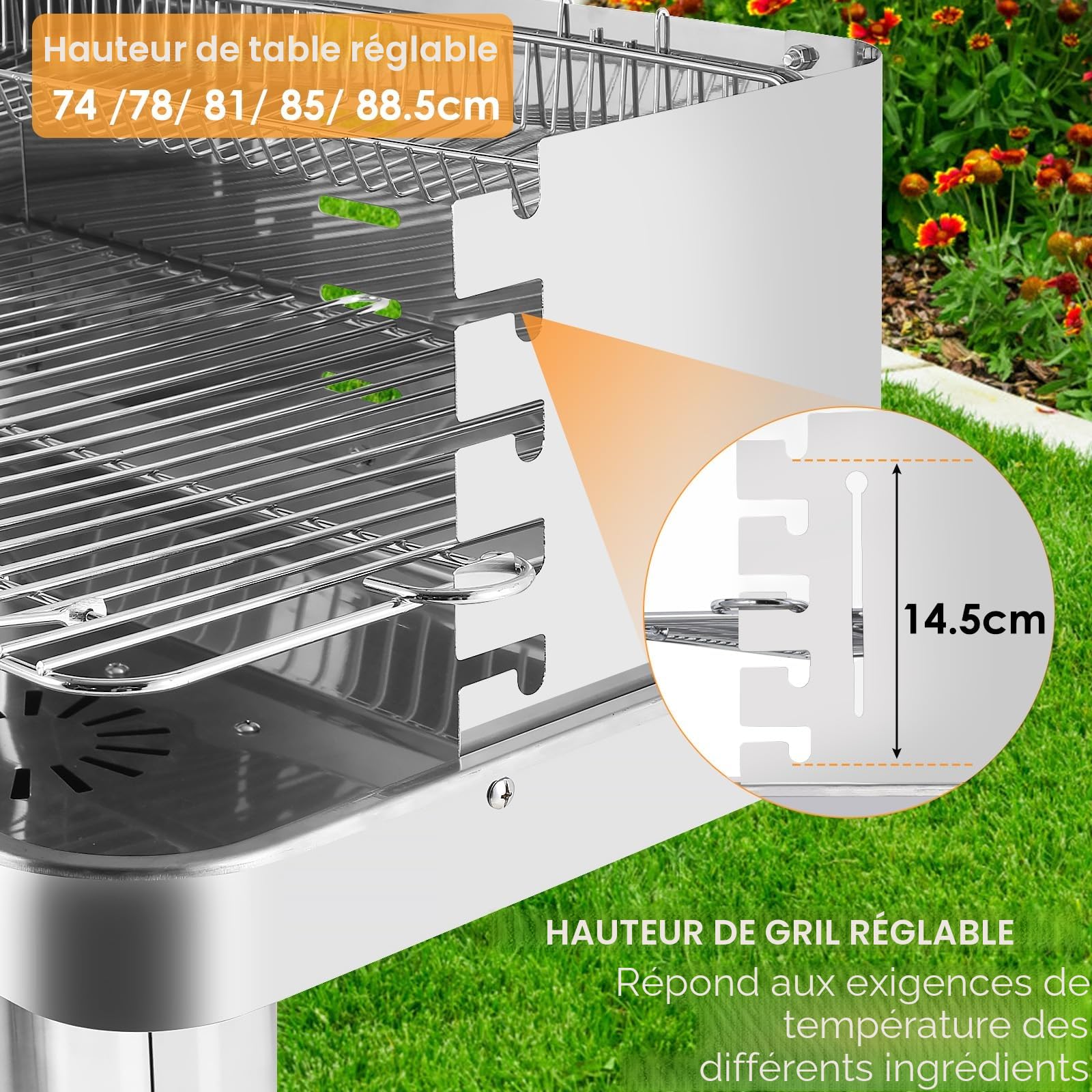 TLGREEN 57*38*90 cm Barbecue à charbon de bois en acier inoxydable, Outdoor | Hauteur réglable en 5 directions, Barbecue à colonne avec grille de chromée, Cendrier et ventilation,BBQ,Plage,Jardin,Camping