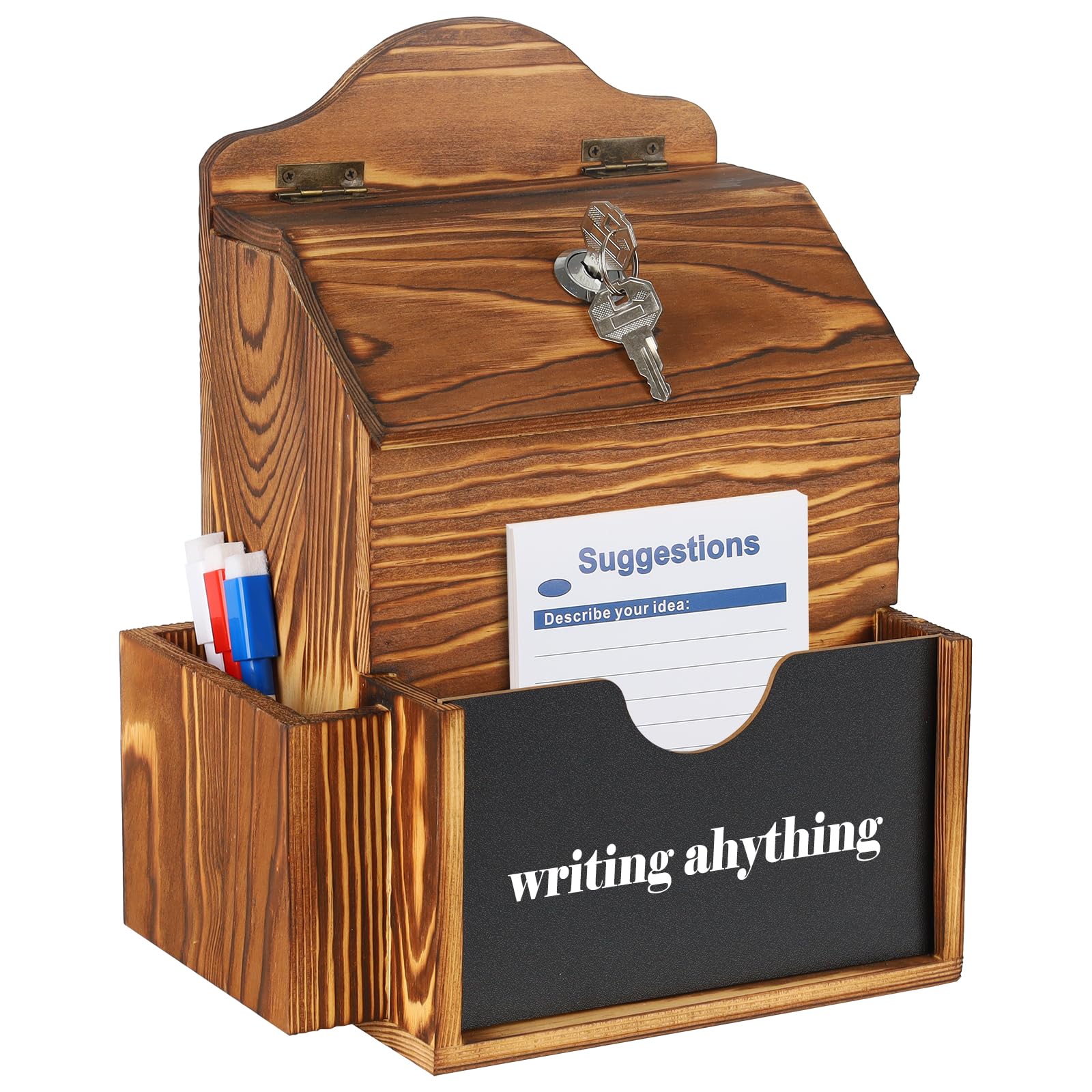 Nymblis Suggestion Box, Suggestion Box Lockable for Charity, Donation Boxes with Blackboard and Slot, Wooden Collection Box with 3 Pens and 50 Cards for Ballot Feedback