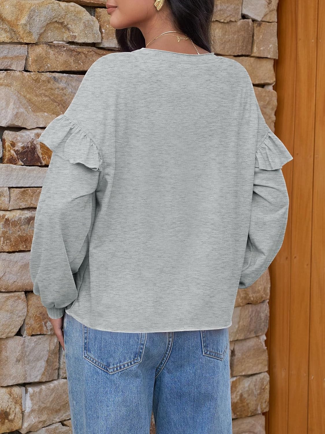 Fisoew Womens Crewneck Sweatshirts Fall Casual Ruffle Long Sleeve Roll Hem Loose Cropped Pullover Tops - Image 6