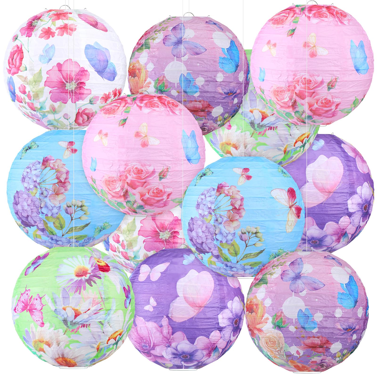 Panelee 12 Pcs Butterfly Floral Paper Lanterns Party Decorations 8 Inches Hanging Round Pink Purple Flower Paper Lanterns for Summer Tea Party Baby Shower Wedding Bridal Ceiling Decor Supplies