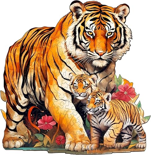 BLUMUZE Rompecabezas de madera de tigre para adultos, tamaño L, 280 piezas, rompecabezas de animales de la familia del tigre para adultos,