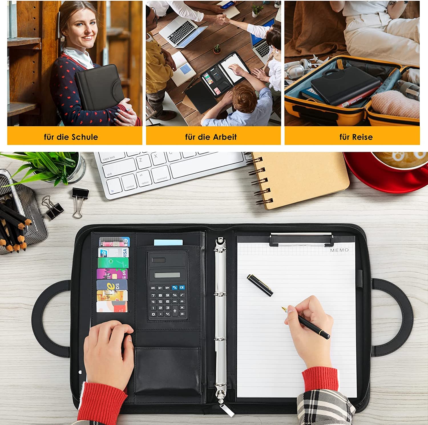 Porte-Document A4 Cuir avec Fermeture Éclair Étanche Classeur à Anneaux Noir