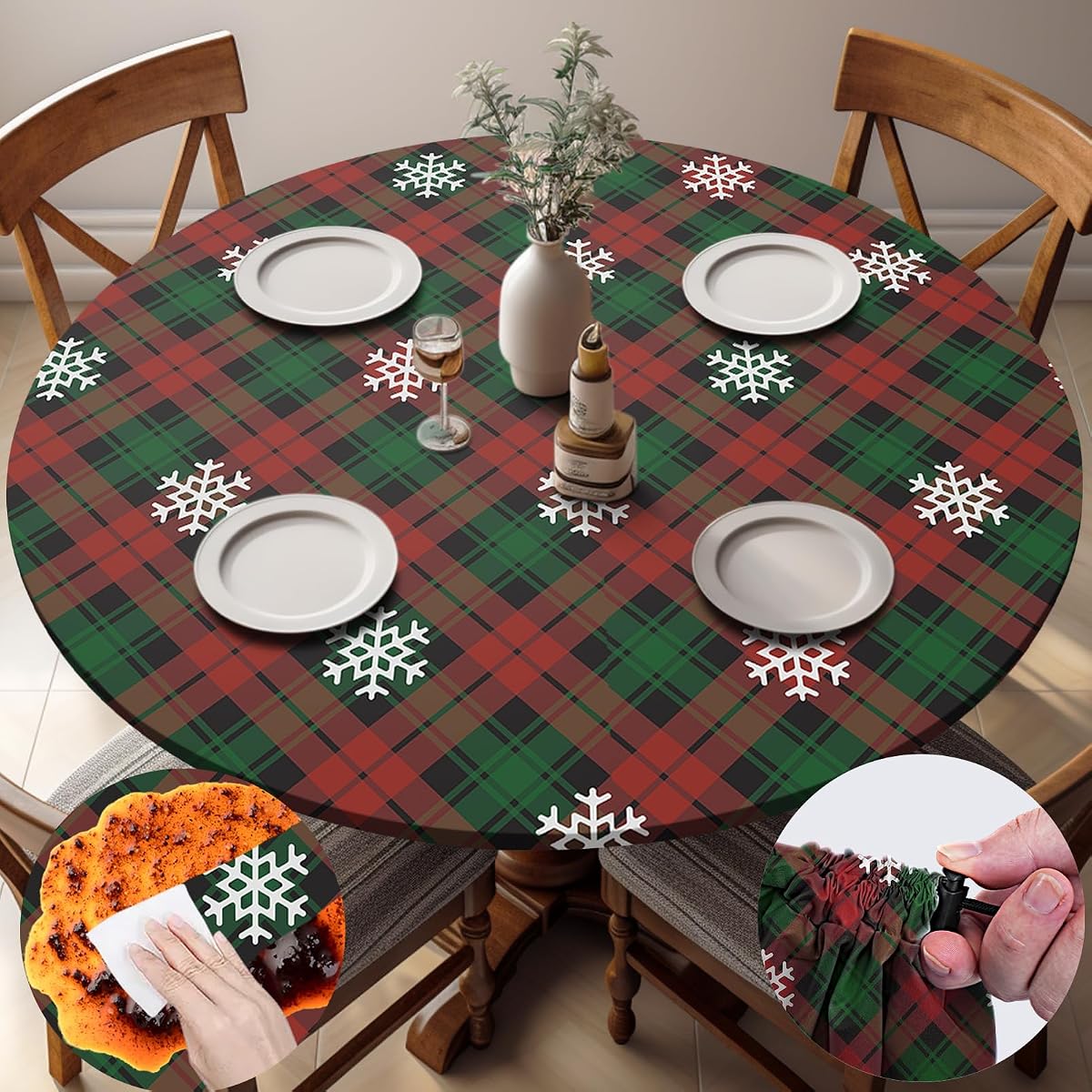 opstellen Fitted Christmas Round Tablecloth Waterproof Table Cloth Vinyl Indoor Outdoor Circle Cover for 36-44" Table Dining Living Room Kitchen Western Home Party Decor Gift Festival Family Essential