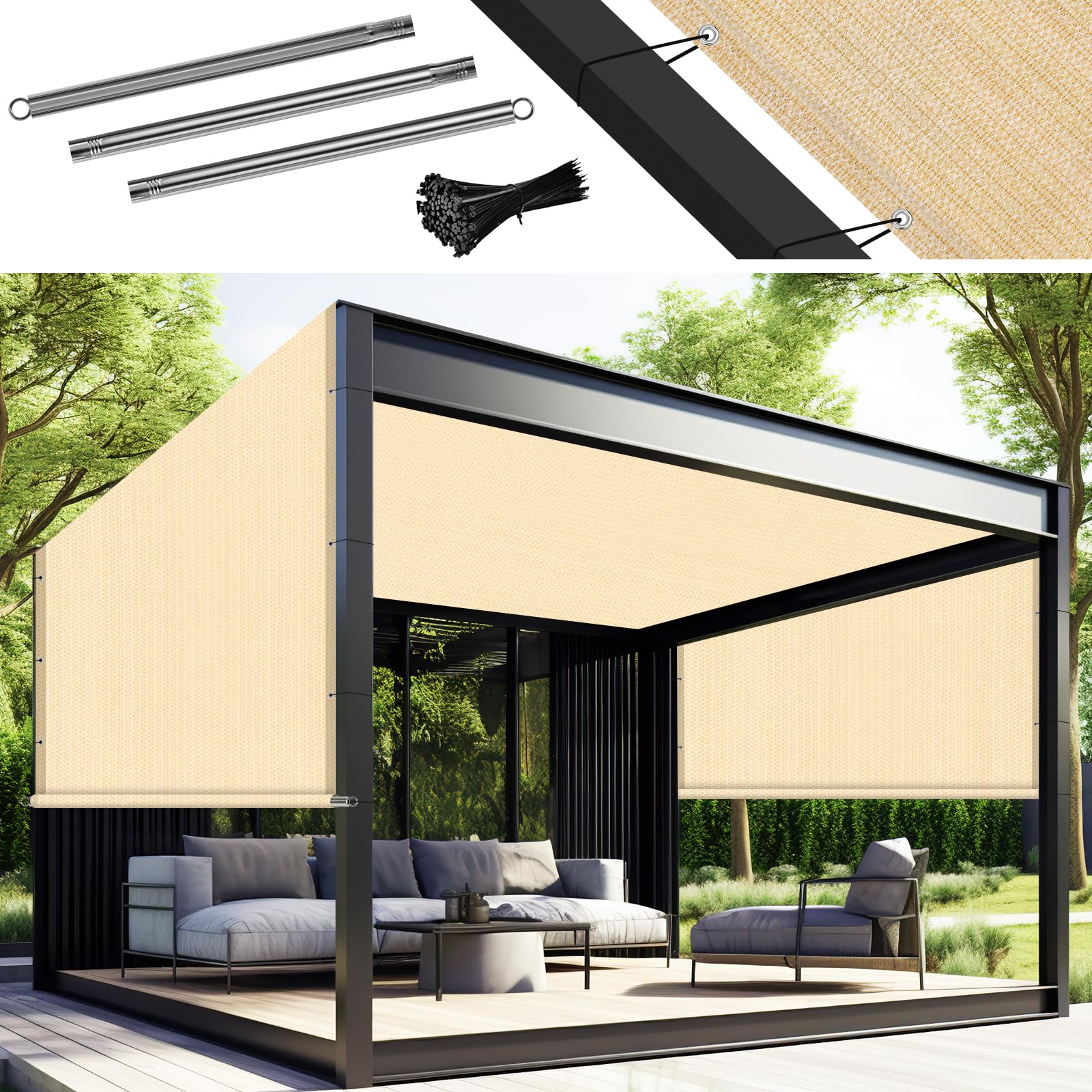 Amagenix 8' W x 16' L Beige Pergola Sun Shade Canopy Replacement Cover, Privacy Screen with Grommets and Stainless Steel Weighted Rods for Outdoor Patio-image-33
