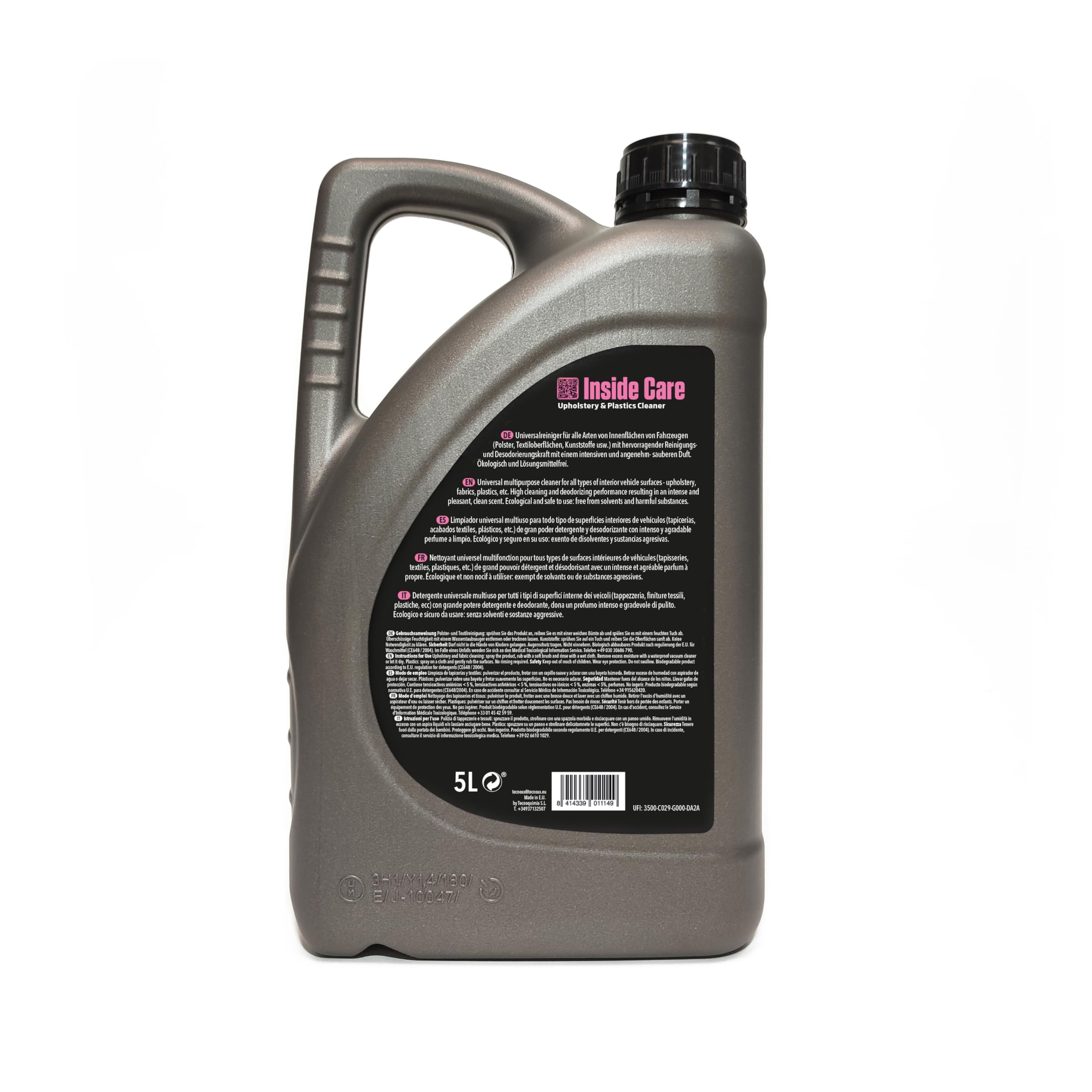 Tecnoxx – Inside Care Nettoyant Universel Multifonction pour l’intérieur de la Voiture Tapisseries Textiles Plastiques Peau Emballage Professionnel 5 litres