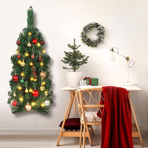 Miniatura 5 de Poen 35 Inches Wall Mounted Christmas Tree - Artificial Xmas Tree with 50 LED Lights and Battery Case - Lighted Wall Decor for Home, Office,