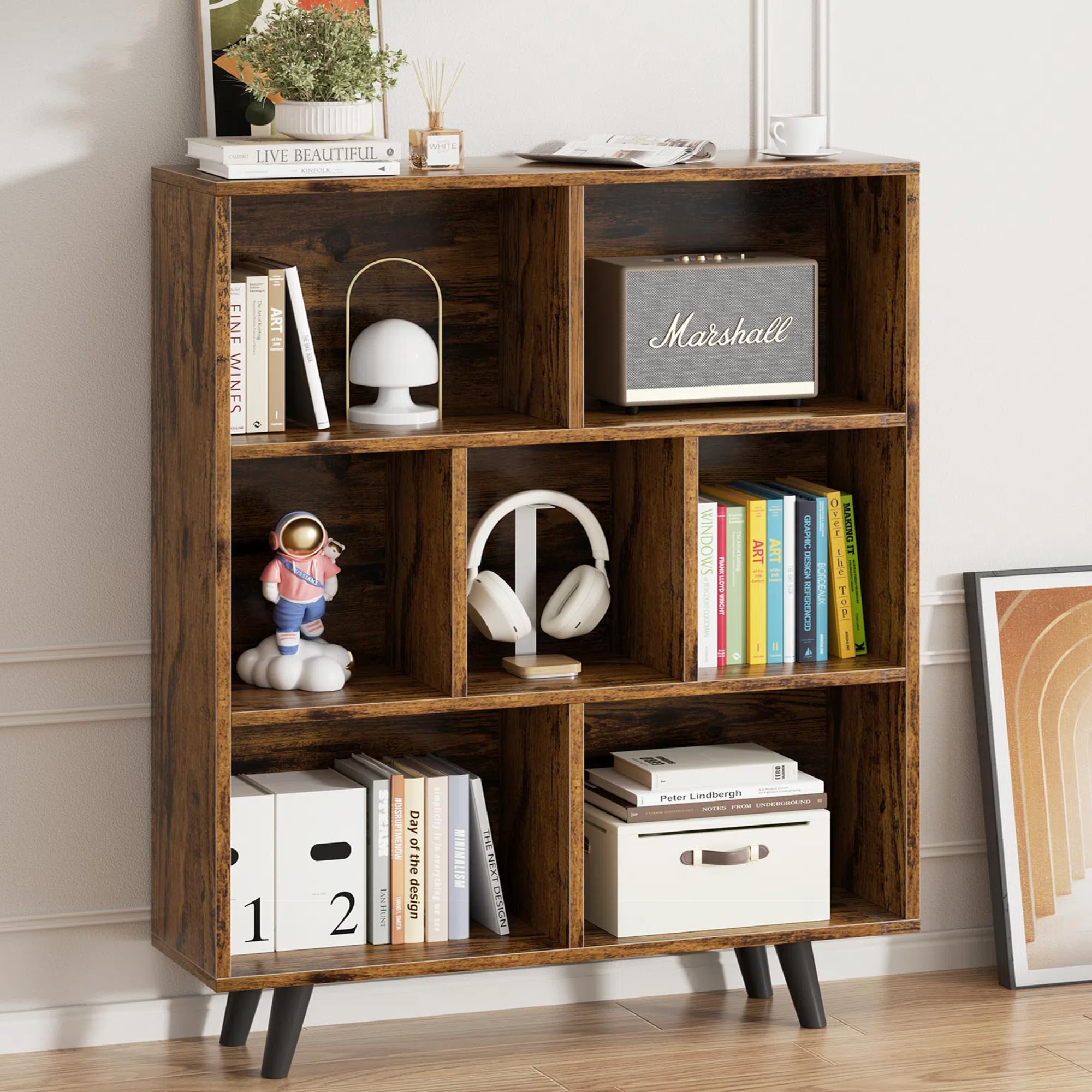 Amazon.com: Vongrasig 7 Cube Bookshelf, 3 Tier Mid-Century Modern
