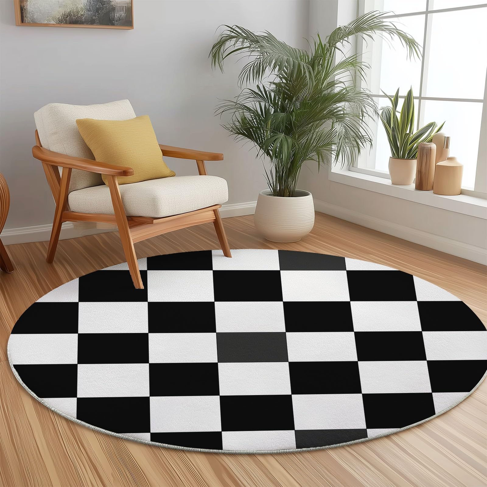 Tapis Rond de 140 cm en Flanelle Douce aux Motifs de Carreaux et Rayures Noir et Blanc. Un Classique indémodable pour Habiller Le Sol d'une entrée, d'un Salon scandinave ou d'un Bureau.
