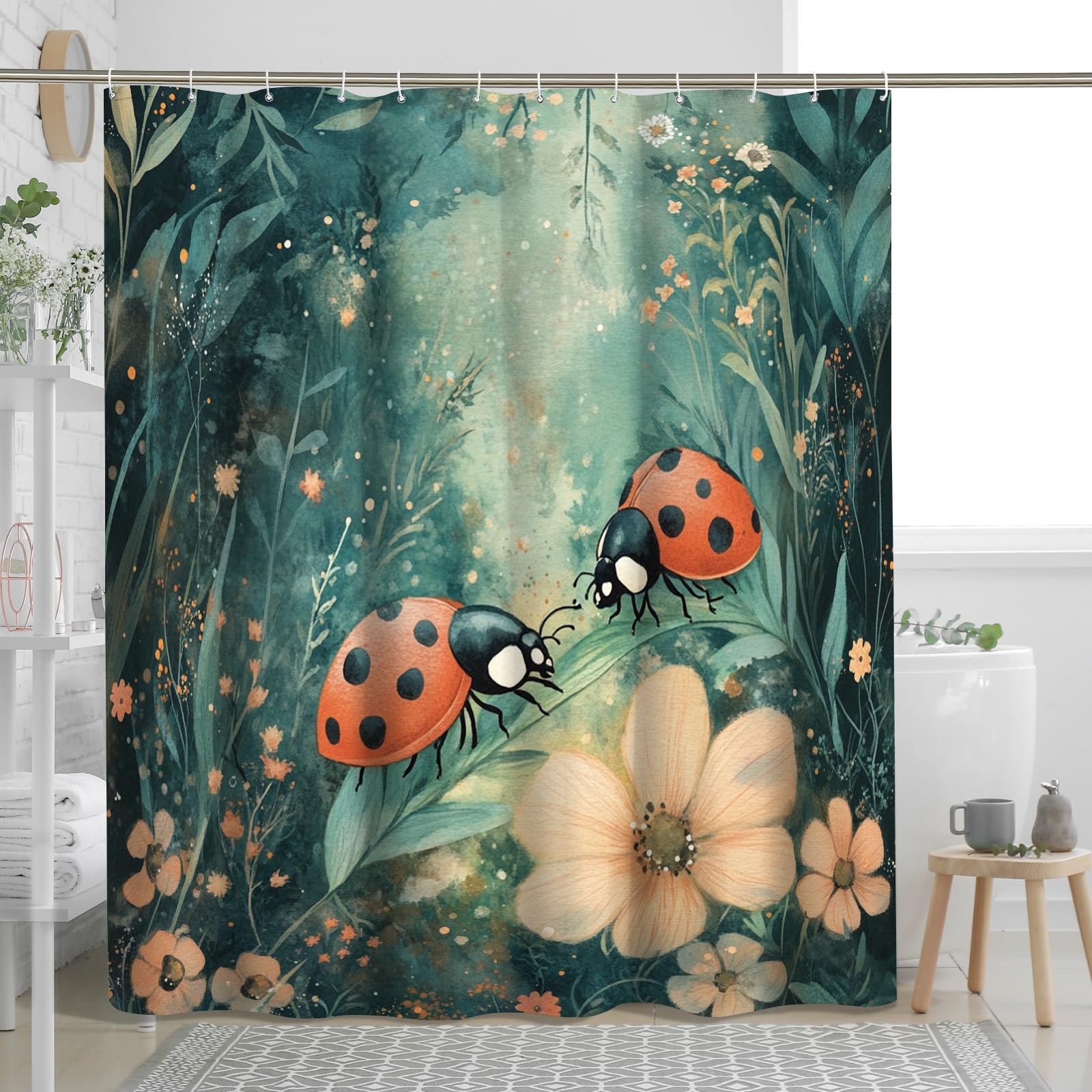 Rideau de douche imprimé floral et coccinelles 183 x 213 cm