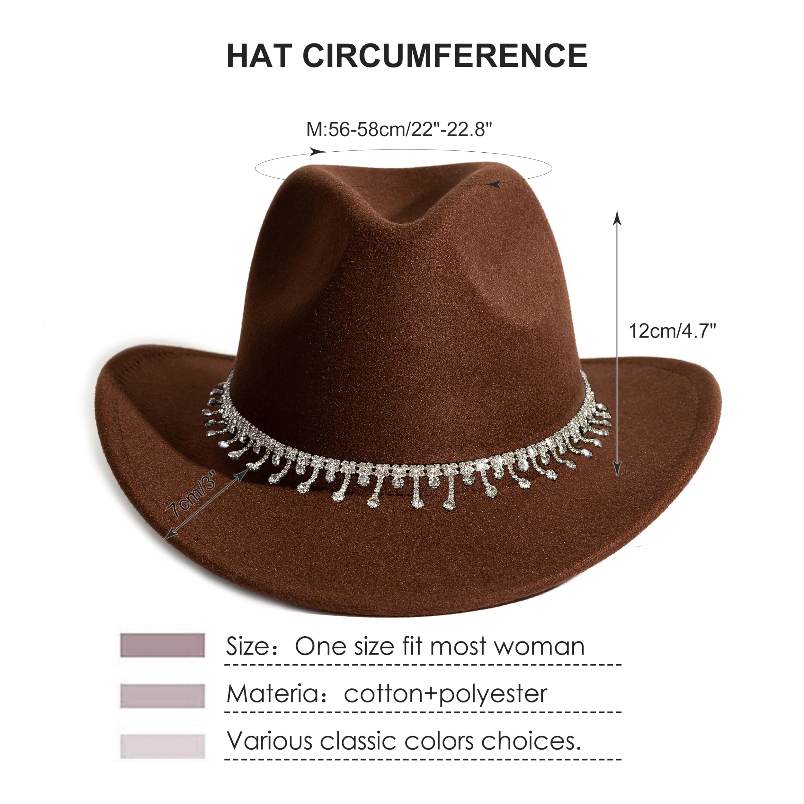 Cappello da cowboy da cowboy con strass lucido a tesa larga per il partito