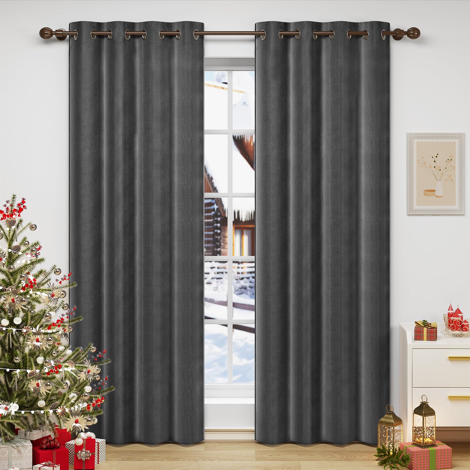 WOLTU Cortinas Opacas Terciopelo Aislantes 2 Piezas 140 x 245 cm Cortina Moderna Térmica con 8 Ojales para Salon Habitacion Dormitorio Gris Oscuro VH6067gr-2