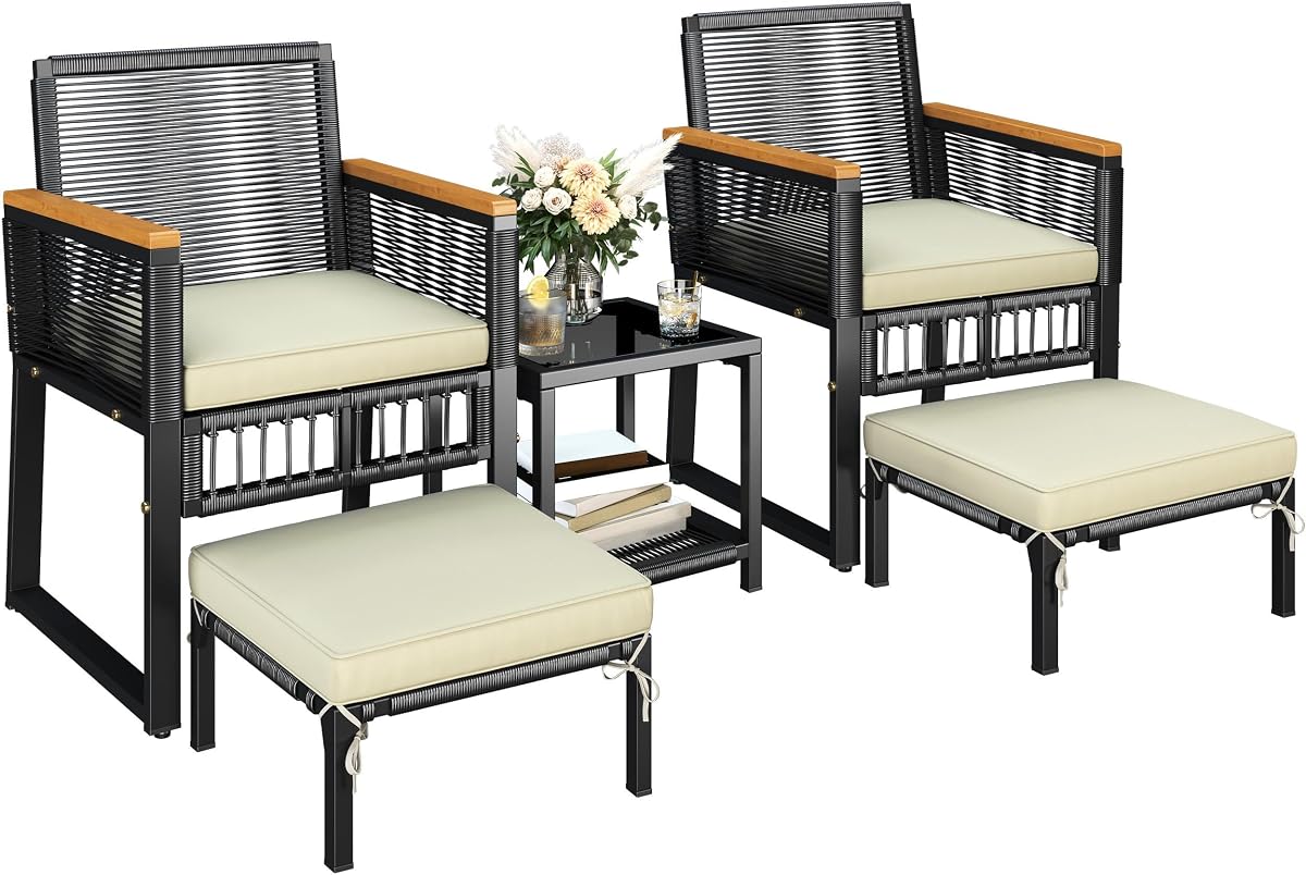 Juego de conversación al aire libre de 5 piezas, juego de muebles de mimbre para patio | con sillones de ratán, mesa auxiliar de 2 capas, otomanas, reposabrazos de madera de acacia y estructura de metal para patio trasero, porche y balcón