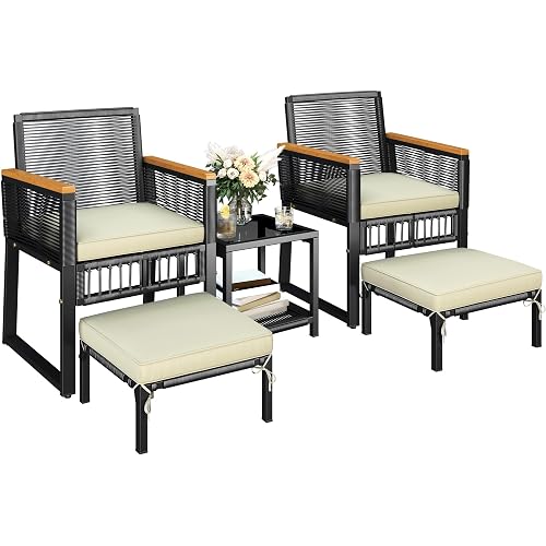 Yaheetech 5-Piece Outdoor Conversation Set, Wicker Rattan Patio Furniture Set w/Rattan Armchairs, 2-Layer Side Table, Ottomans, Acacia Wood Armrests & Metal Frame for Backyard, Porch, Balcony