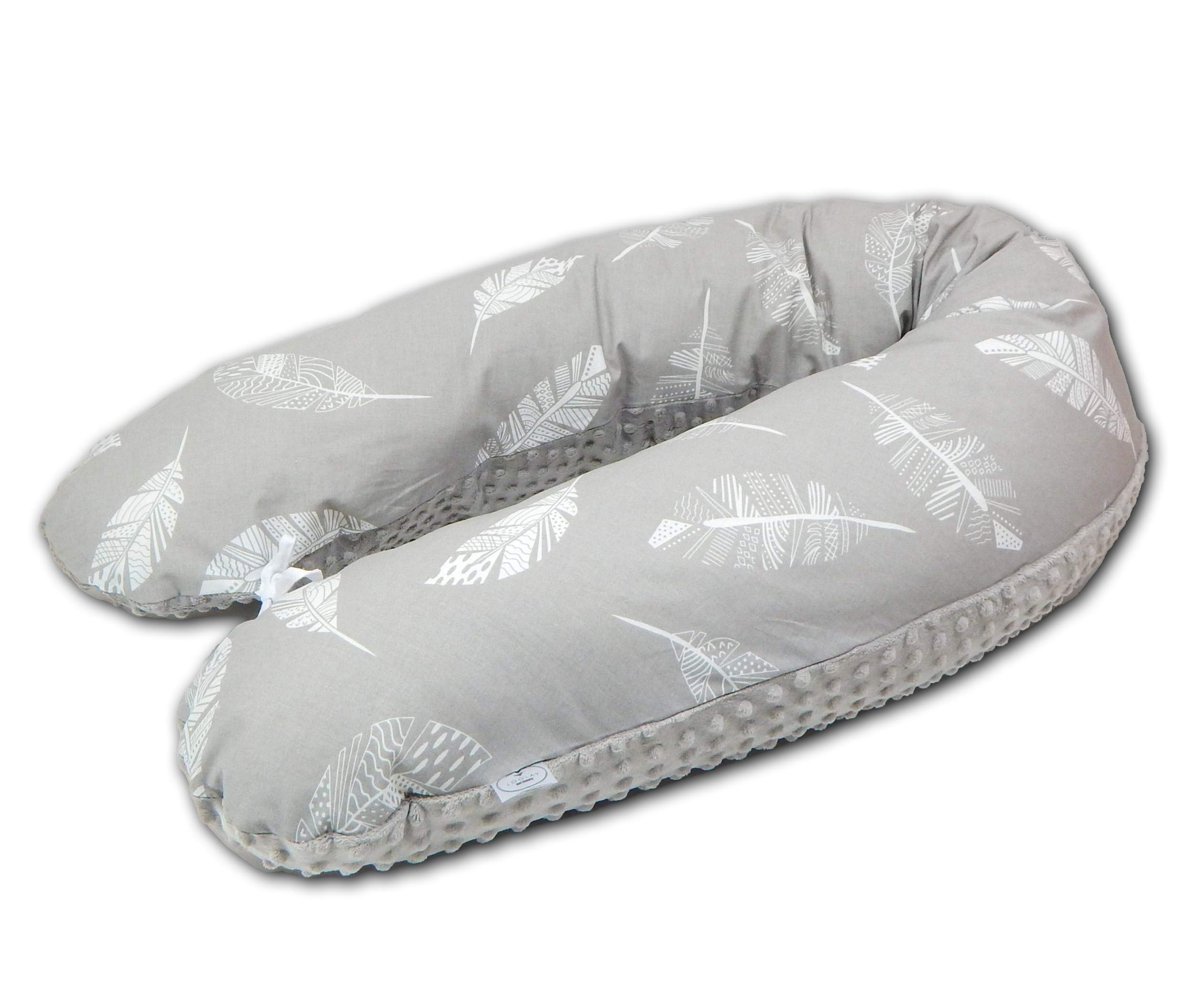 Cojín de lactancia de algodón Minky, de 2 lados, XXL, muy suave, para dormir de lado, incluye funda de 170 cm (plumas gris/Minky)