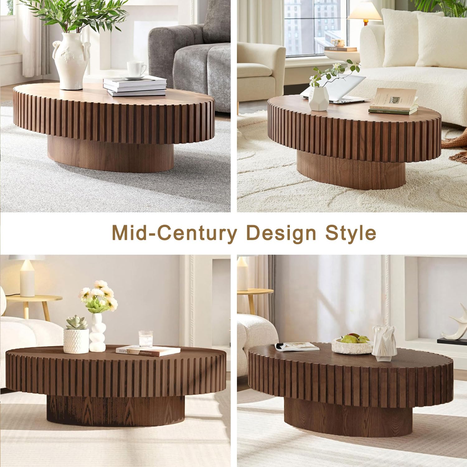 110 cm Mesa de Centro Ovalada, Nogal | Diseño de Madera Estriada, Moderno de Mediados de Siglo - Mesa Central para Salón, Apartamento - Montaje Sencillo