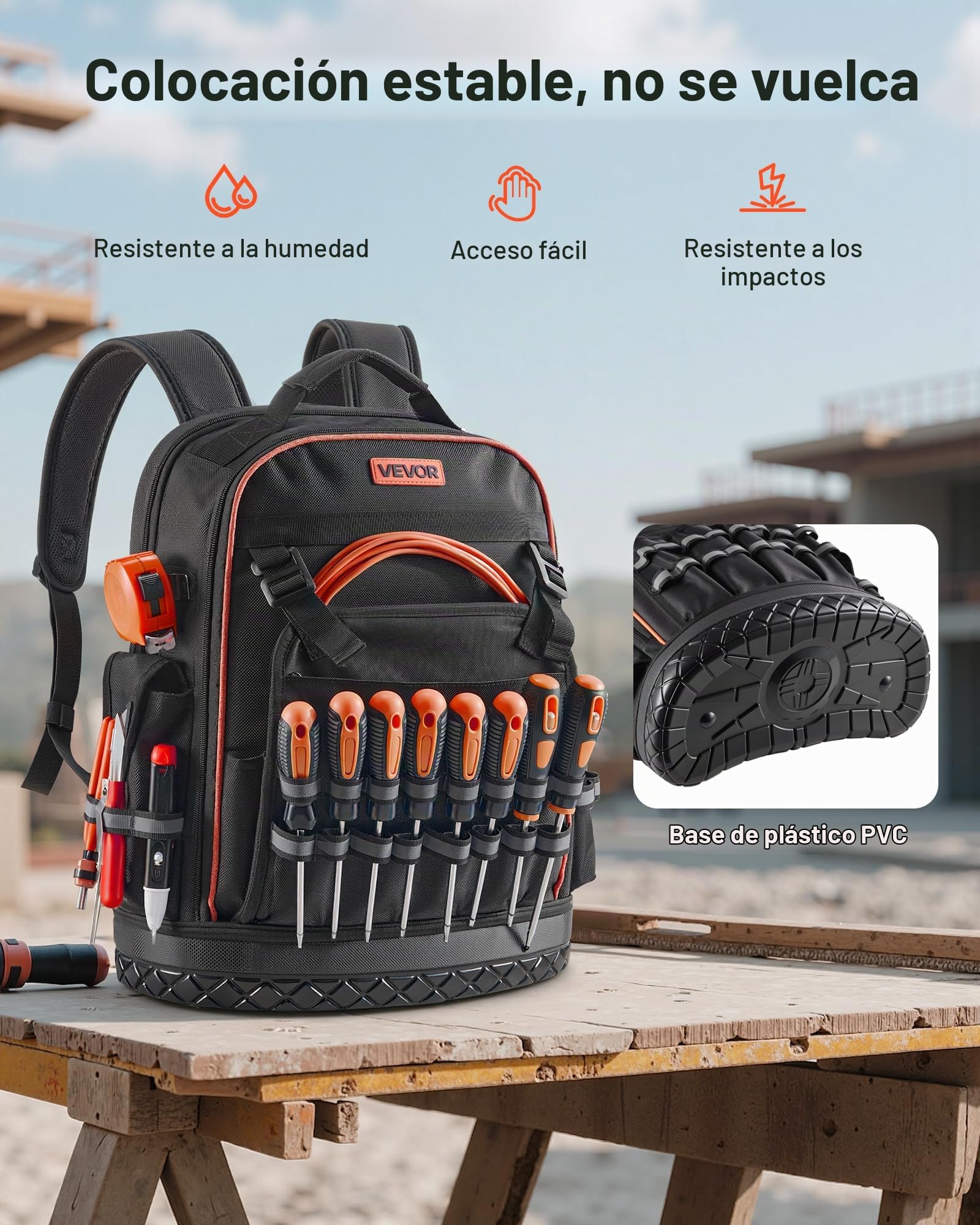 VEVOR Mochila para Herramientas, Mochila de Trabajo 365 x 195 x 470 mm con 64 Bolsillos, Compartimento para Portátil y Base Moldeada, Organizador de Herramientas para Electricistas, Reparadores