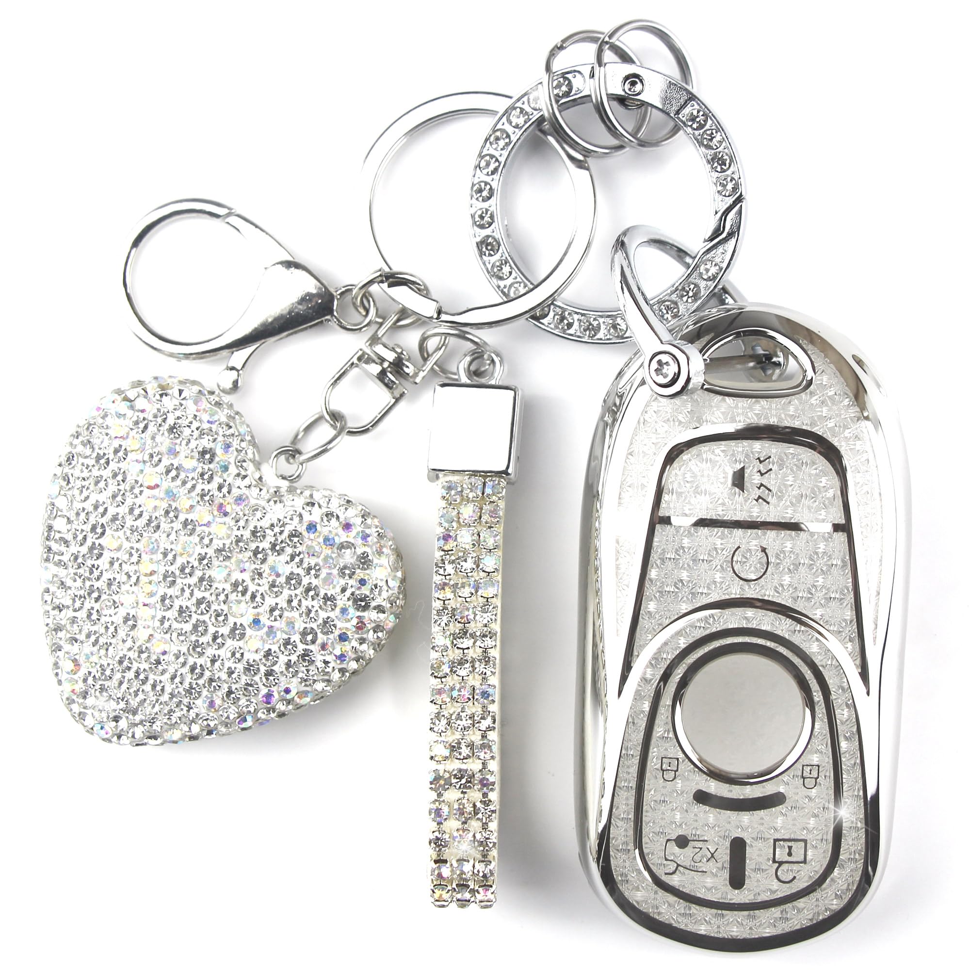 Key Fob Cover with Diamond Keychain Car Key Holder Compatible with Buick GX Enclave Encore LaCrosse Regal Envision Tourx GL8 Smart Remote Key Protector for Women, 6 Buttons (Silver-Heart)