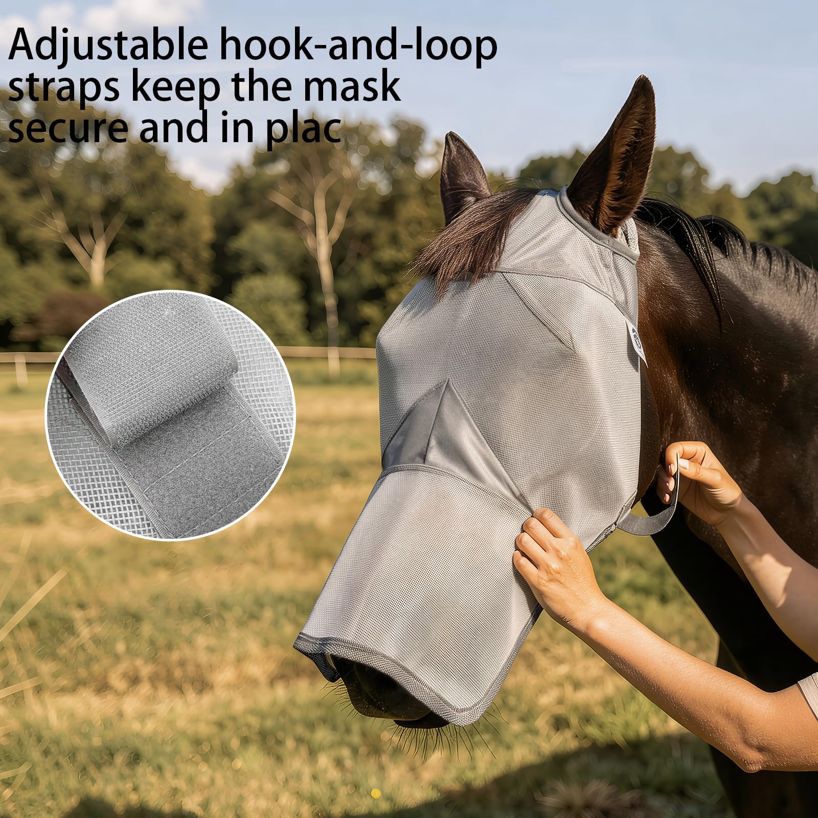 Raelitego Máscara de mosca de caballo con nariz, máscaras ajustables para caballos sin orejas (XS)