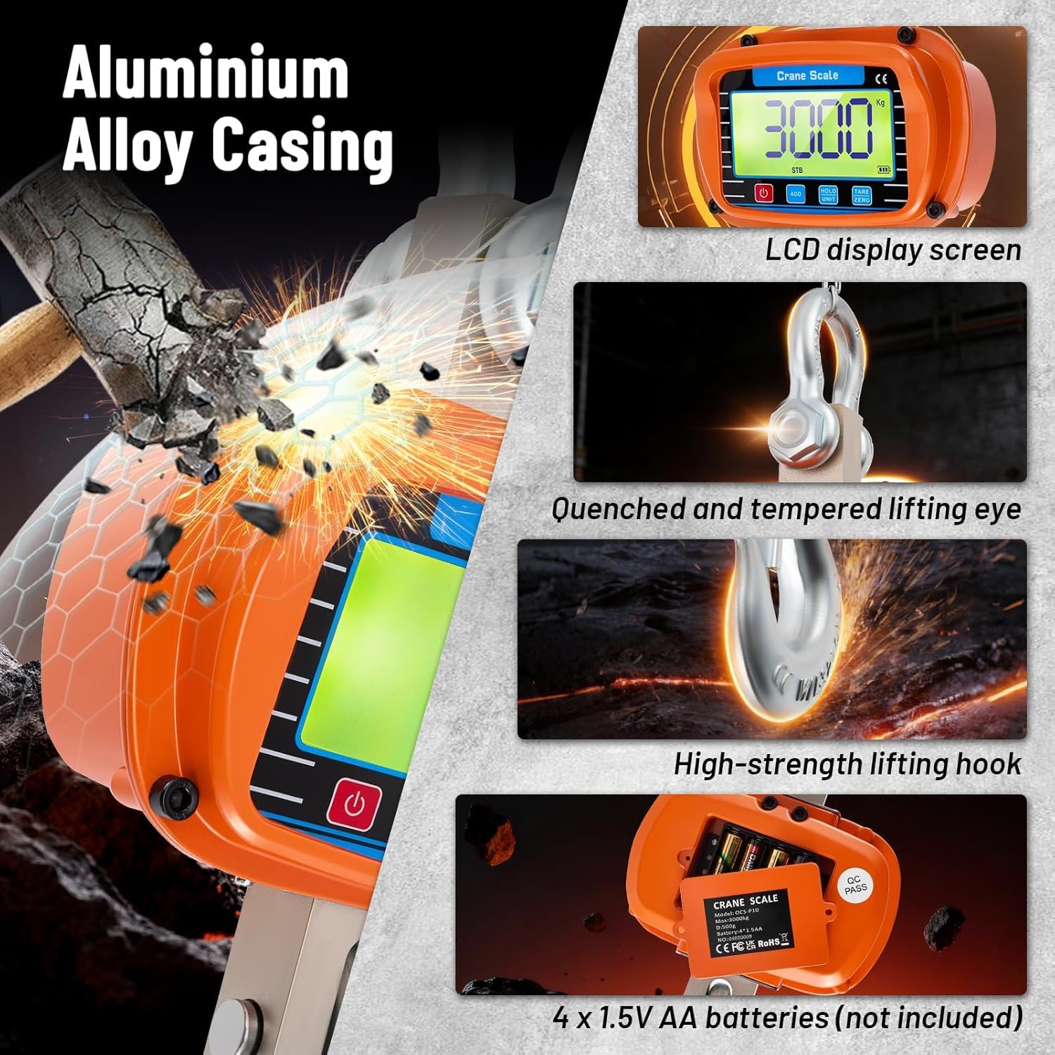 Báscula de grúa de 3000kg, Báscula de Grúa Electrónica 3T,Colgante Industrial con sensor preciso, pantalla LCD grande y control remoto, Visualización de temperatura y humedad para granjas(Orange)