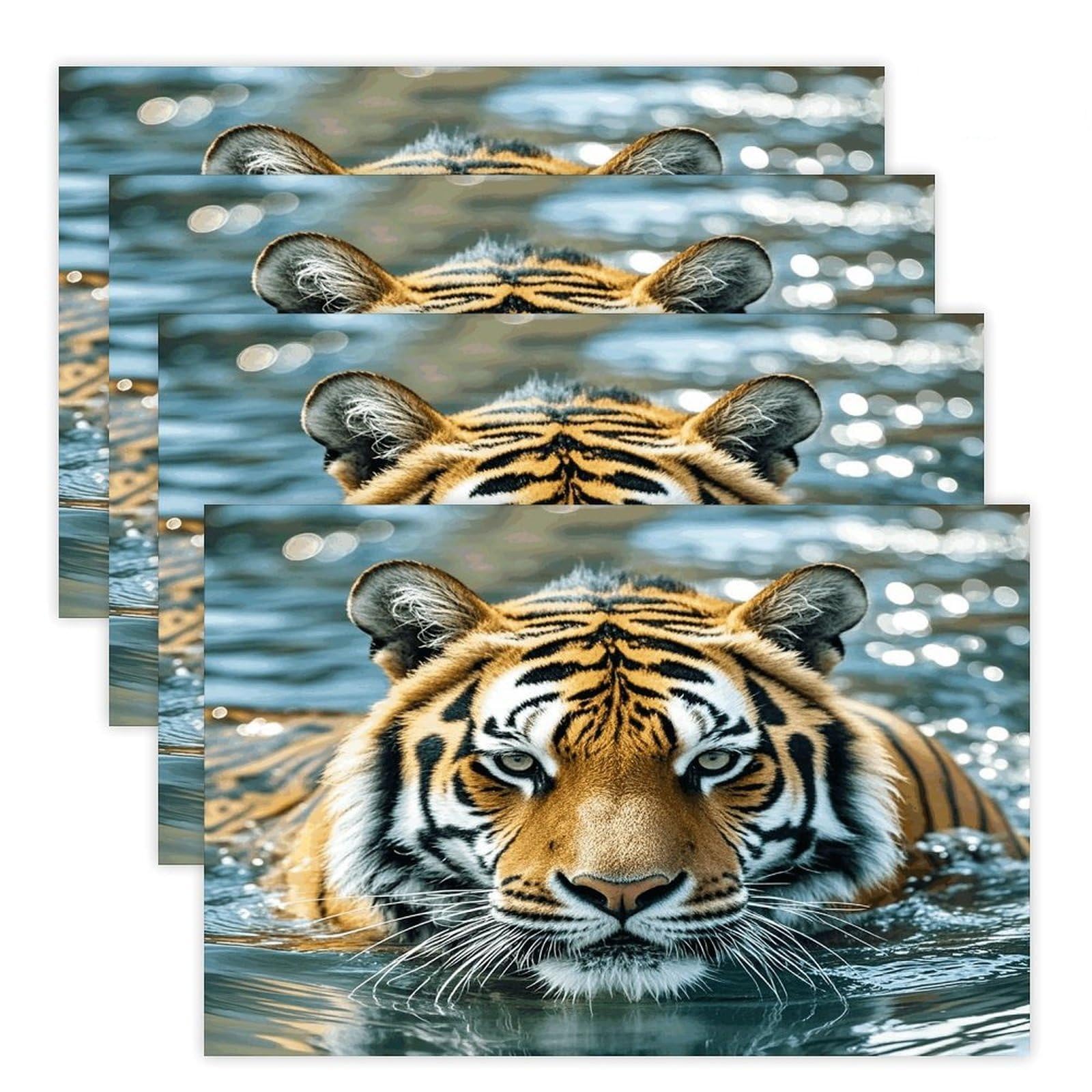 Tiger Swims in The Water Placemats Wipeable Heat Resistant Table Mats Washable Flax Place Mats Elegant Cloth Non-Slip Placemat for Kitchen Dinning Party Table Decor 12 * 18 in