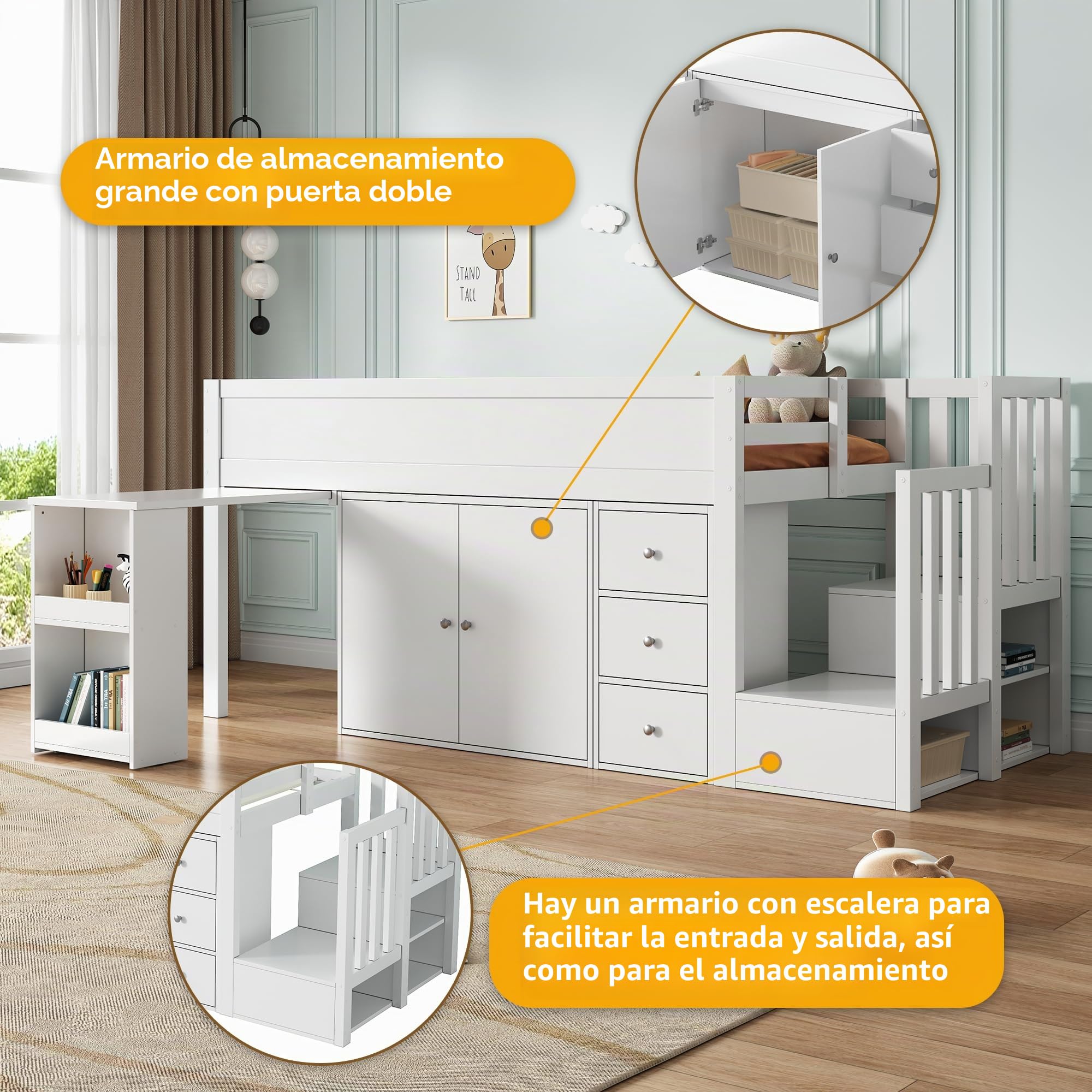 Soweiz Cuna, cama alta para niños con escritorio extensible y compartimento lateral de almacenamiento, con armario, con cajón, con escalera y armario para escaleras, sin colchón, color blanco 90 x 200