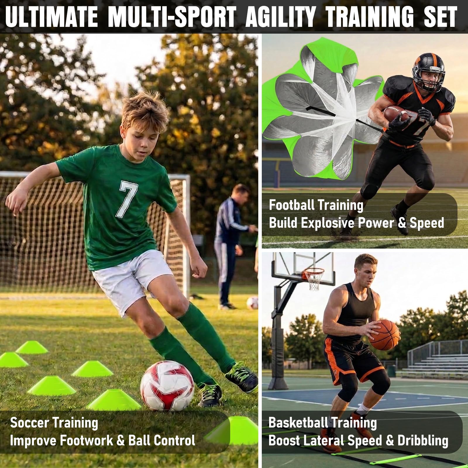 Juego de equipo de entrenamiento de velocidad de 20 pies, 12 conos de fútbol, 4 obstáculos, cuerda de saltar, paracaídas para correr, equipo de entrenamiento de fútbol para niños, jóvenes y adultos