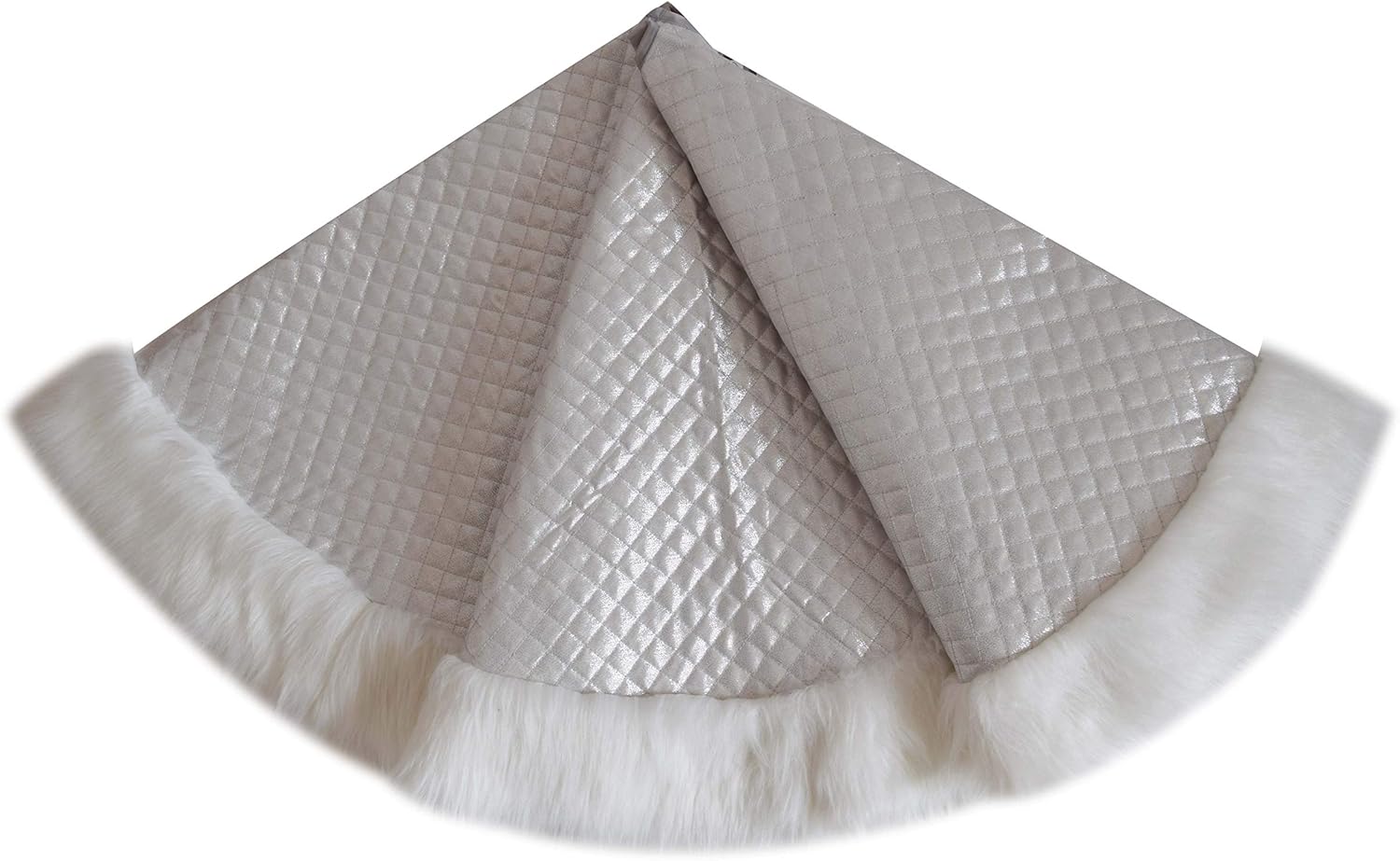 Silver Sparkle Quilted Handcrafted Diamond Center,Luxury Faux Fur Border Christmas Tree Skirt, (Faux Fur 2, 50")