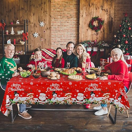 Miniatura 6 de Tiamon Paquete de 3 manteles de plástico de Navidad para mesa rectangular, lavable, muñeco de nieve, Papá Noel, decoración para Navidad, suministros