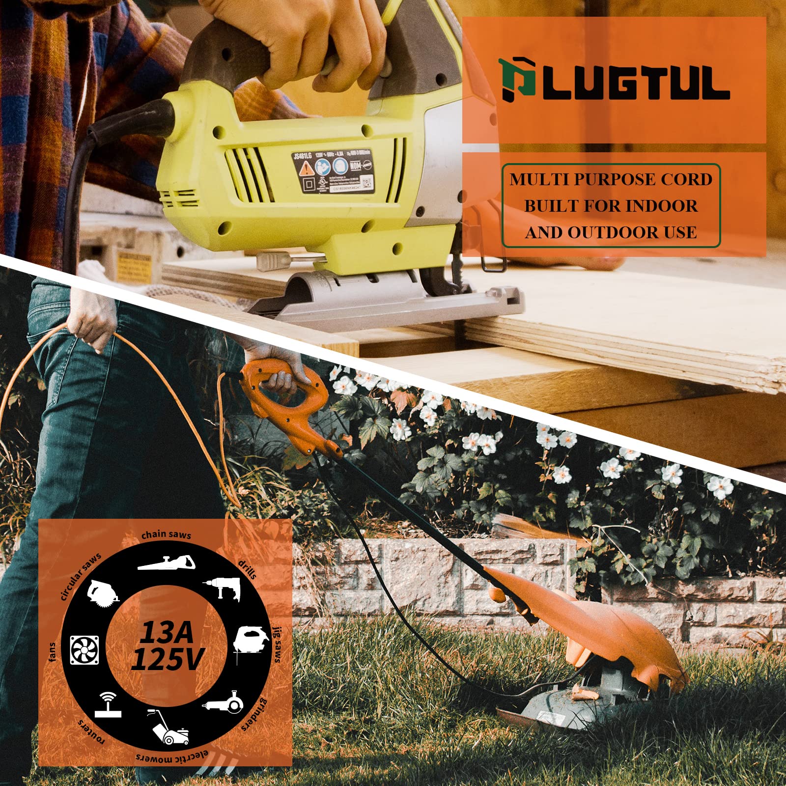 Cable de extensión para exteriores de 50 pies, resistente al agua, calibre 16/3, cable de extensión de 3 puntas, 13A 1625W SJTW, certificación ETL, ideal para jardín y hogar, color naranja