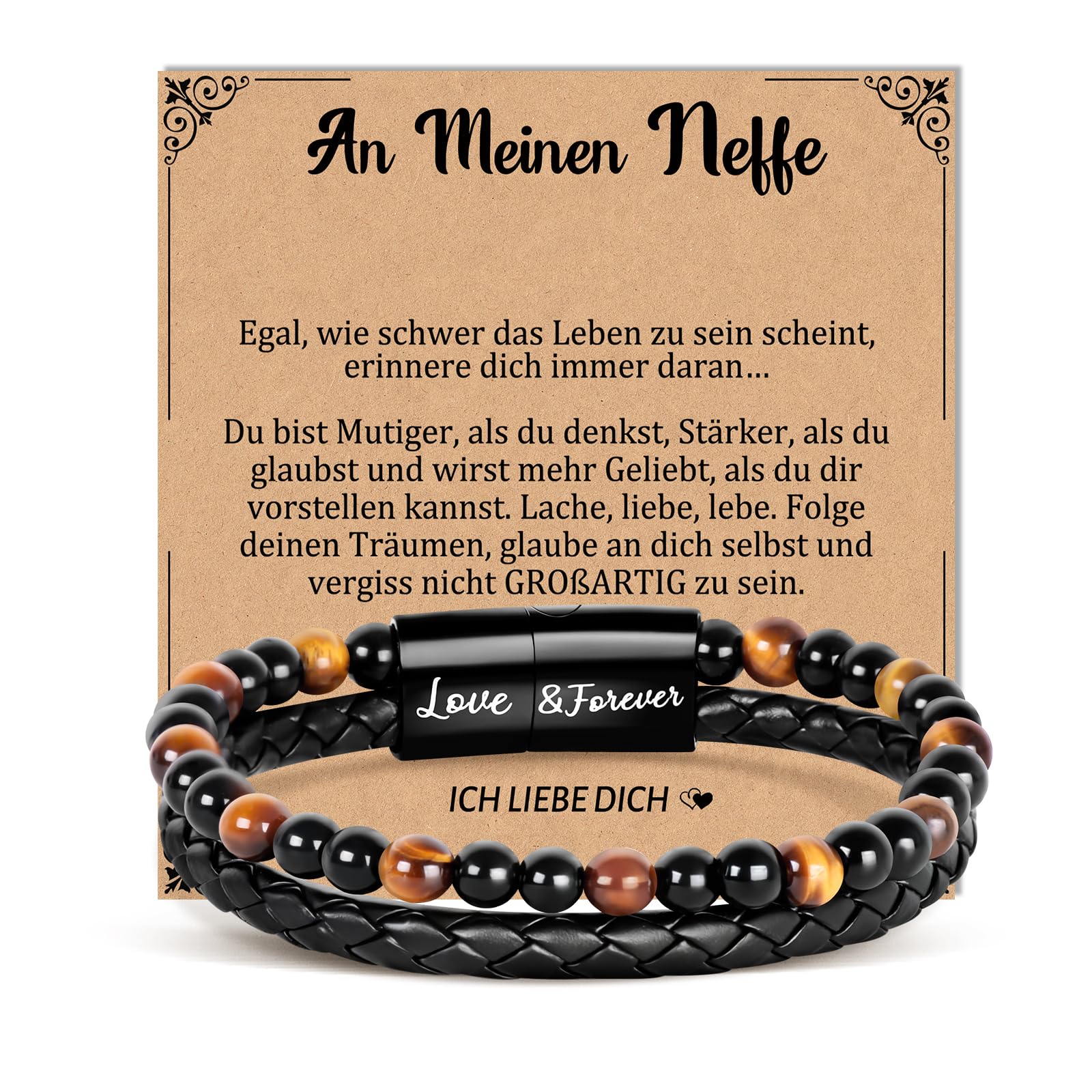 YIBONIKA Geschenke für Männer Lederarmband Naturstein Tigerauge Stein Perlenarmband, Geschenk für Ihn Papa Mann Sohn Opa Enkel Neffe Bruder Freund zum Valentinstag Vatertag Geburtstag mit Geschenkbox