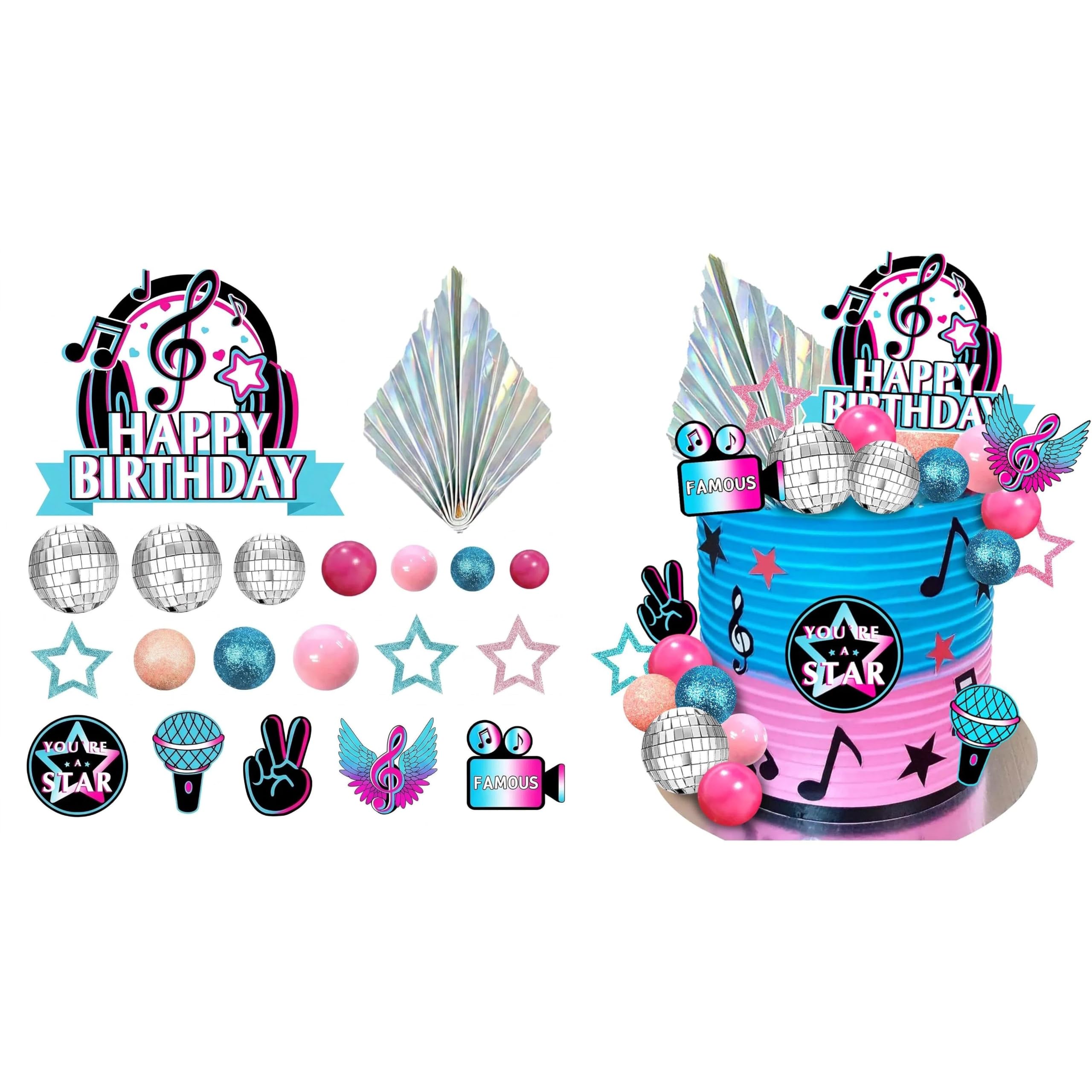 Toyhood 32pcs Musical Disco Cake Toppers, Mini Balls Rock Decor Birthday, Music Disco Balls Music Cake Decorations, for Happy Birthday Retro Rock Party