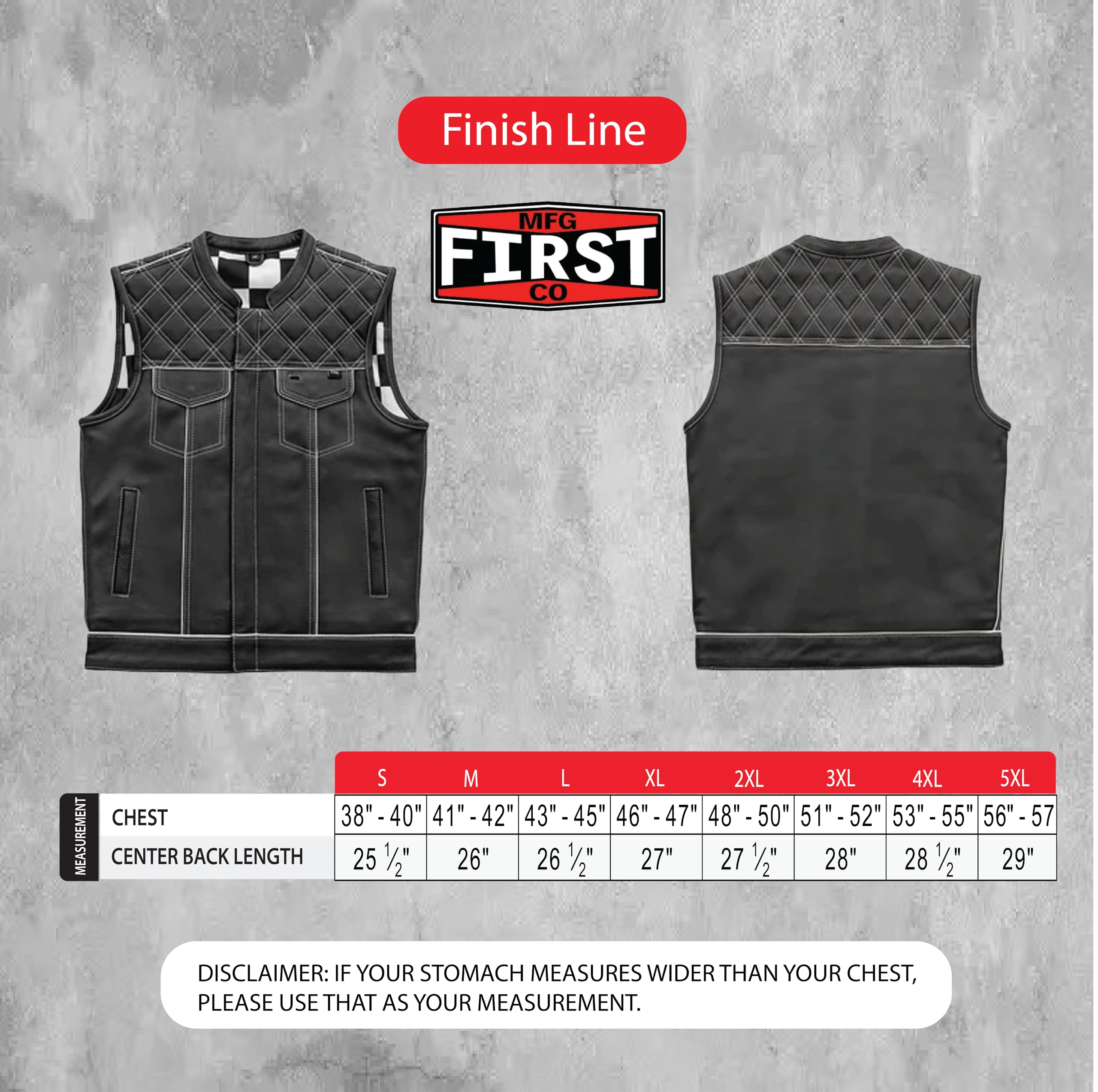 First Mfg Co - White Checker - Men's Motorcycle Biker Riding Black Leather Vest - Extra Large - Conceal Carry Pockets