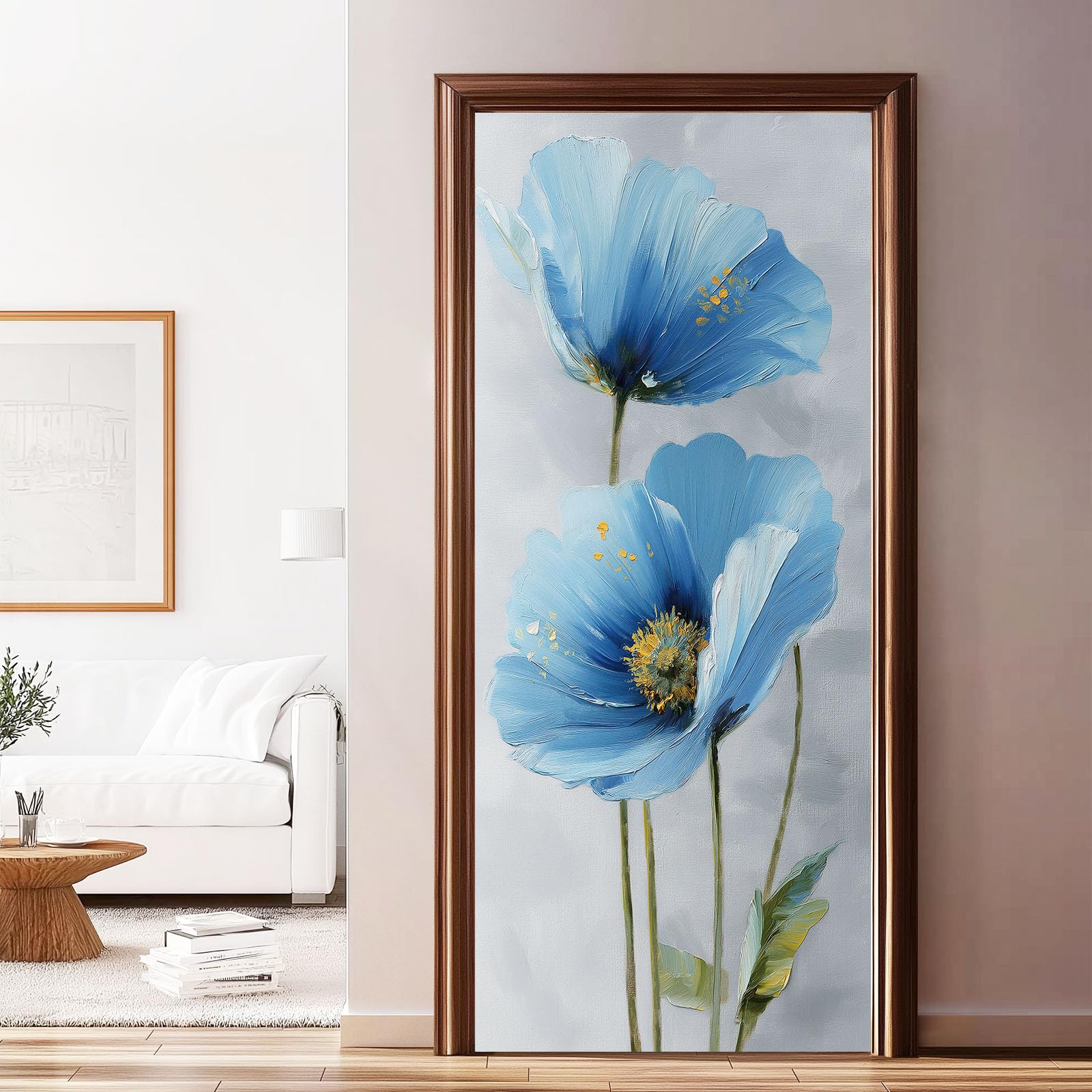 Naklejki na drzwi 3D obraz olejny, samoprzylepny plakat ścienny z PCV minimalistyczny kwiatowy marzyciel, szare naklejki na drzwi tapeta dekoracyjny plakat do wnętrz do sypialni kuchni, 95 x 215 cm