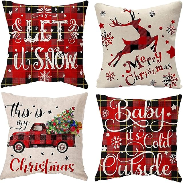 4 Pack Merry Christmas Design Cushion Covers Throw Pillow for Sofa Xmas Room Decorations 18 x 18 Cotton Linen Red Decorative Christmas Square Pillowcase Only UK Deer and Car