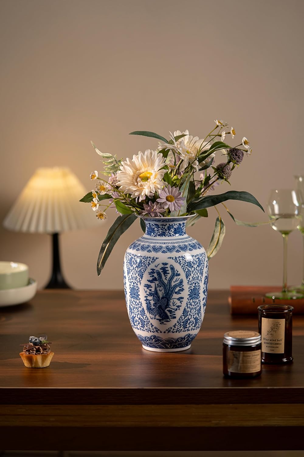 Blue and White Vase, Small Chinoiserie Vase Porcelain, Ginger Jar, Mantel Decor for Living Room & Home, 9" H