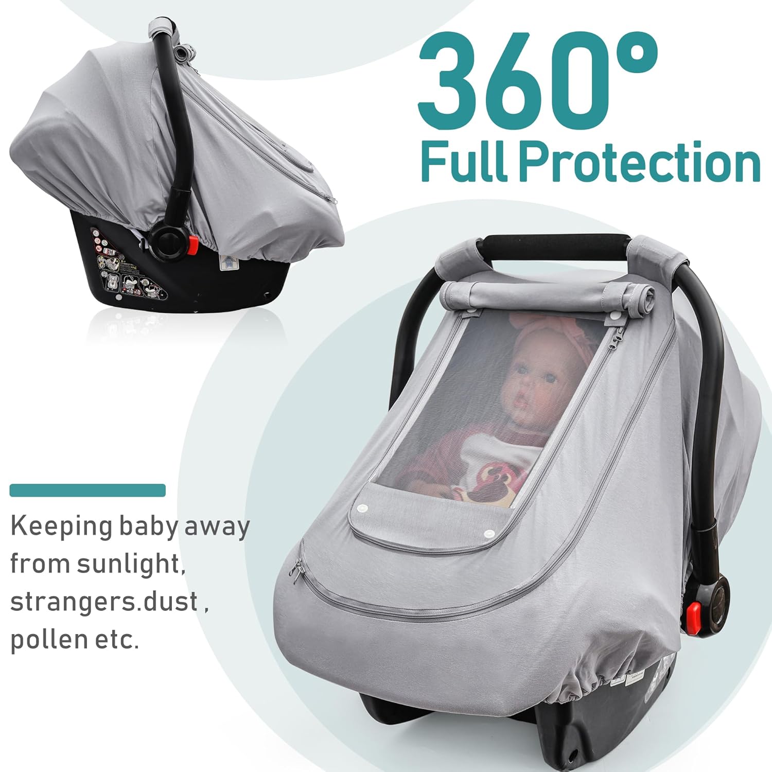 Baby Car Seat Cover for Summer/Spring,100% Organic Cotton Carseat Cover for Babies,Infant Car Seat Cover Canopy for Boys& Girls, Lightweight & Breathable (Gray) - Image 7