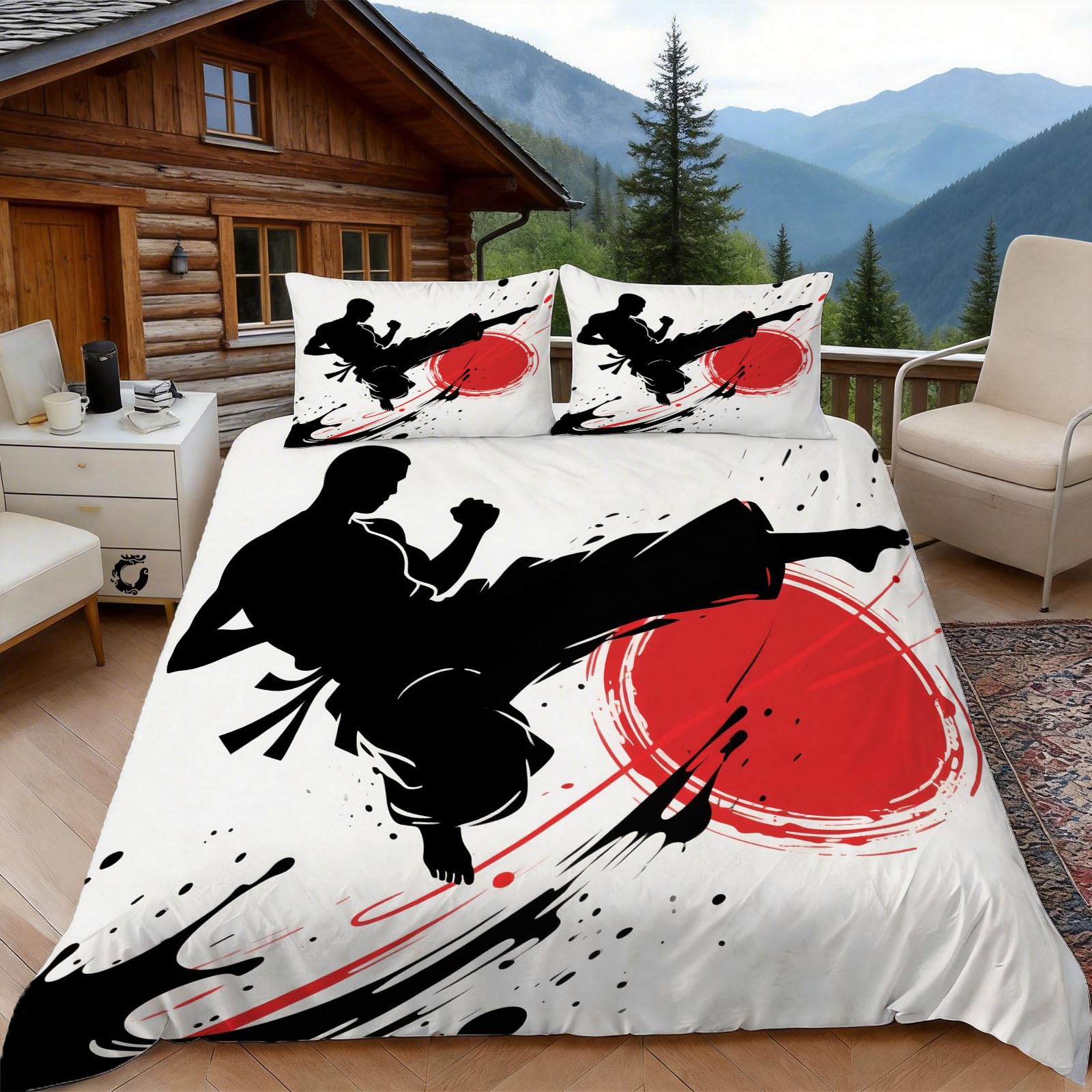 Housse de couette 140x200 fermeture éclair microfibre anti-plis style encre de Chine